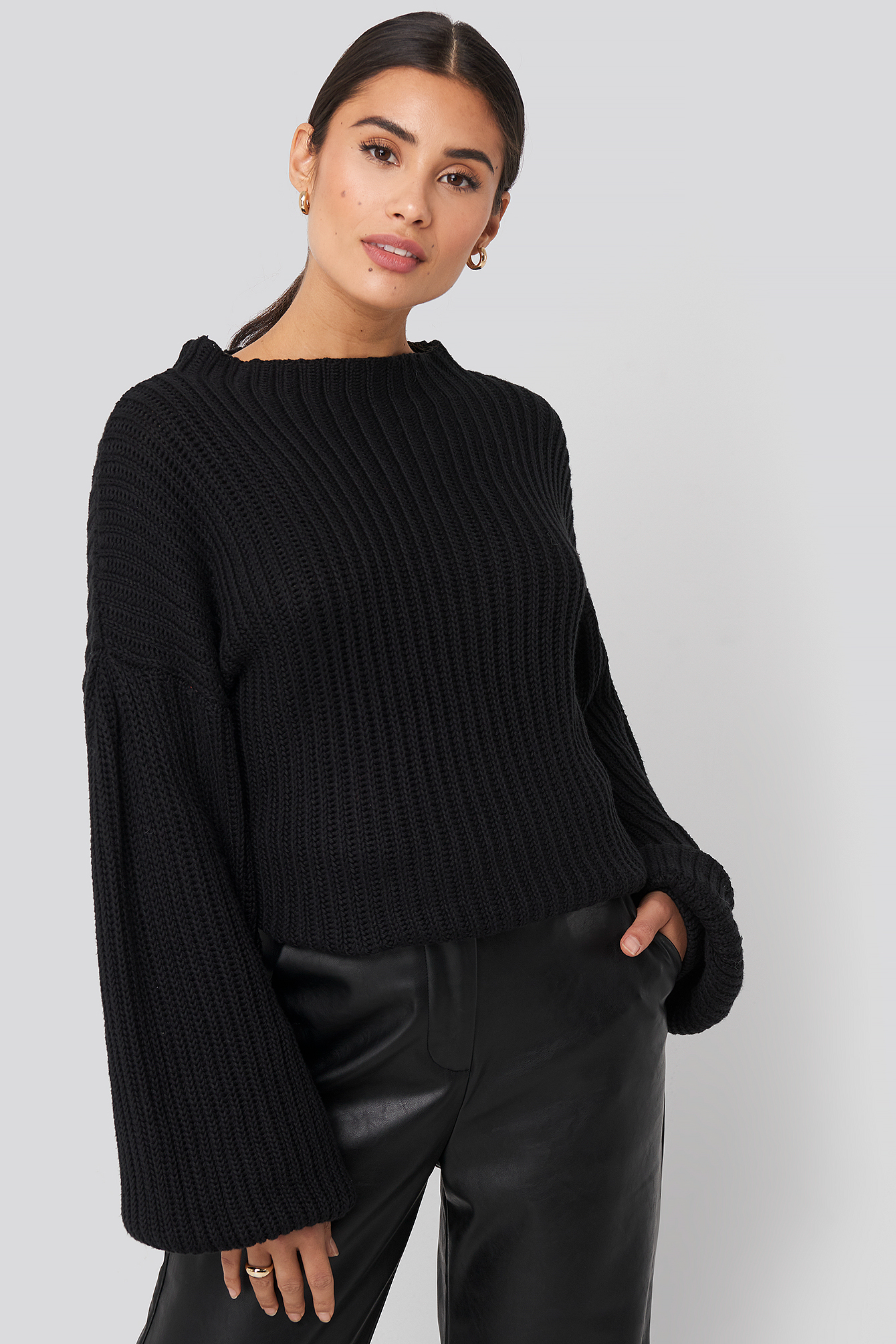 Balloon Sleeve Knitted Sweater Noir na kd fr Balloon Sleeve Knitted Sweater Noir na kd fr