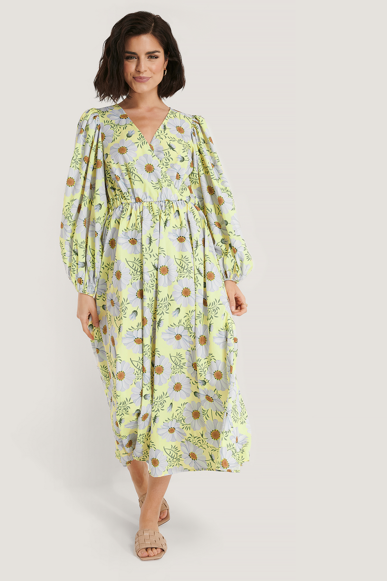 Yellow Flower Robe Cache-Coeur À Fleurs Et Manches Ballon