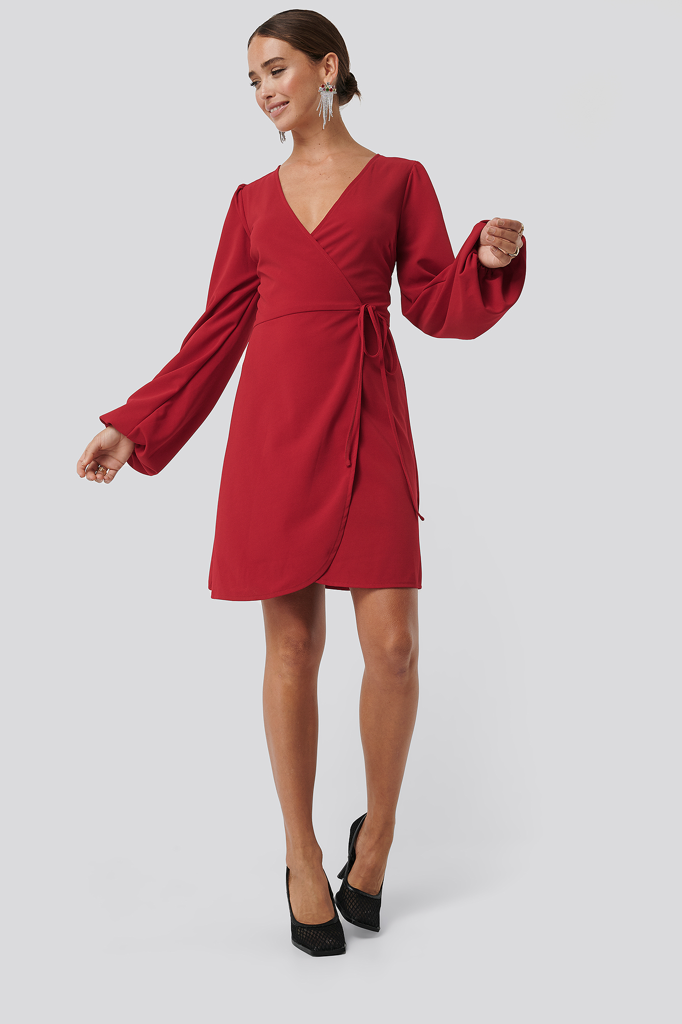 Red Overlap Balloon Sleeve Dress