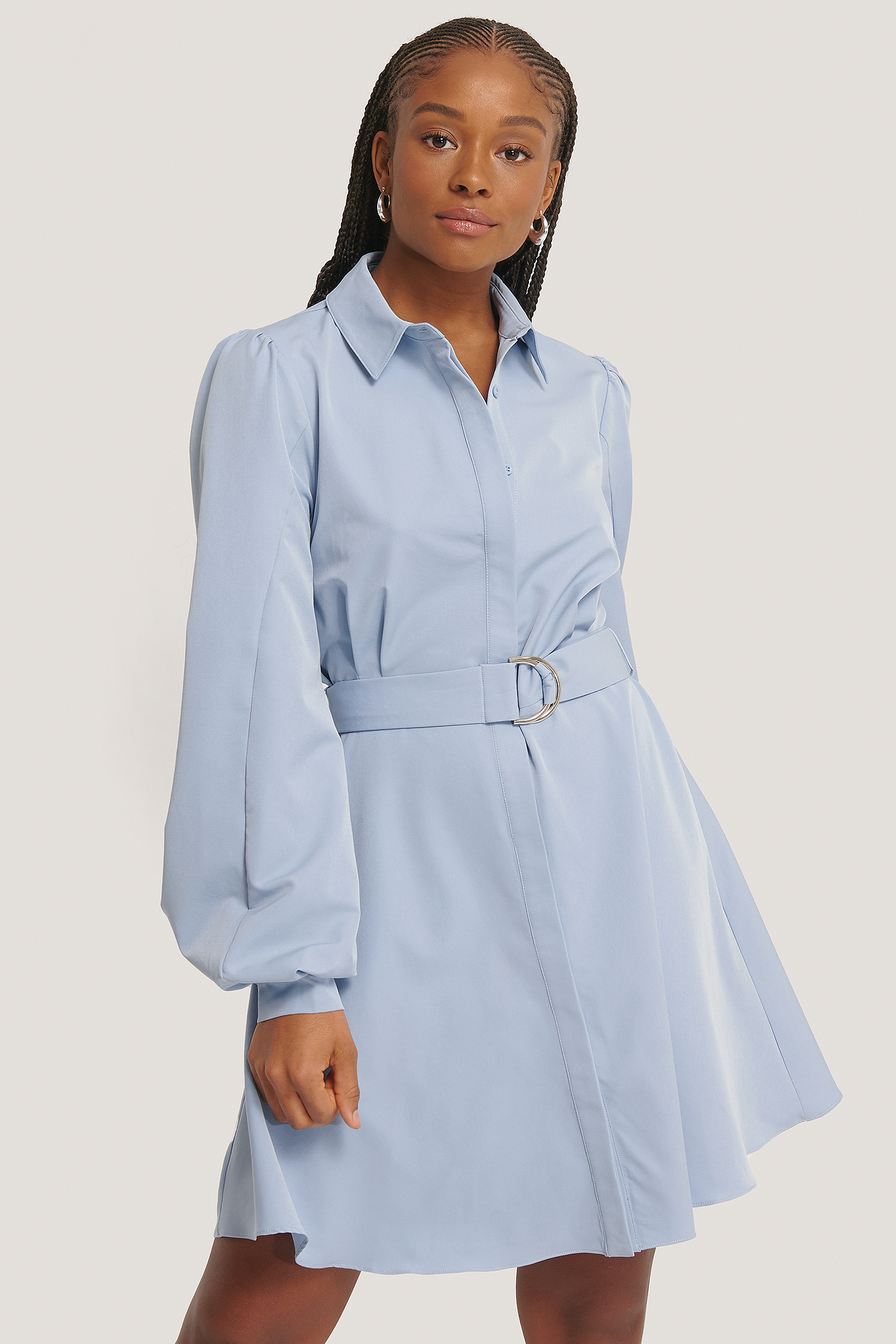 Light Blue Robe Chemise À Col Ceinturée