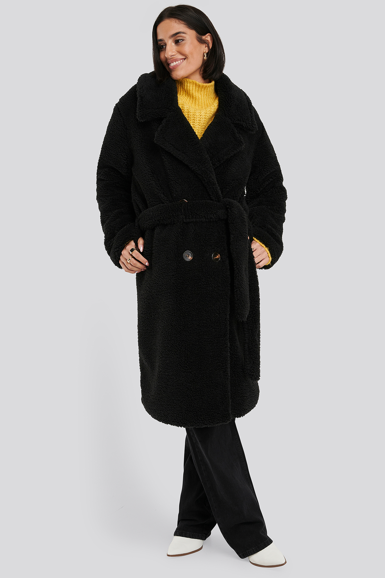 Black Belted Long Teddy Coat