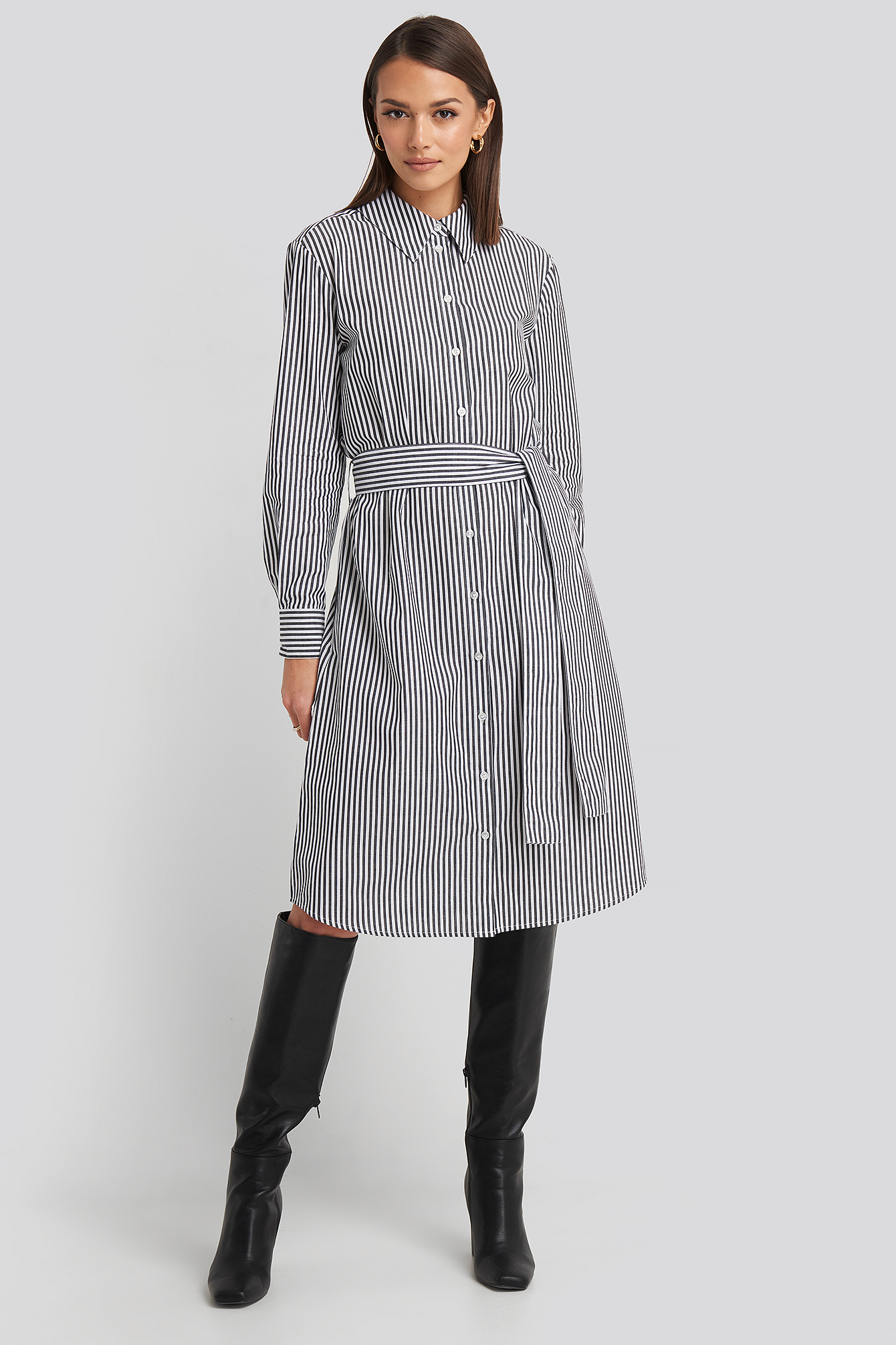 Grey/White Belted Midi Shirt Dress