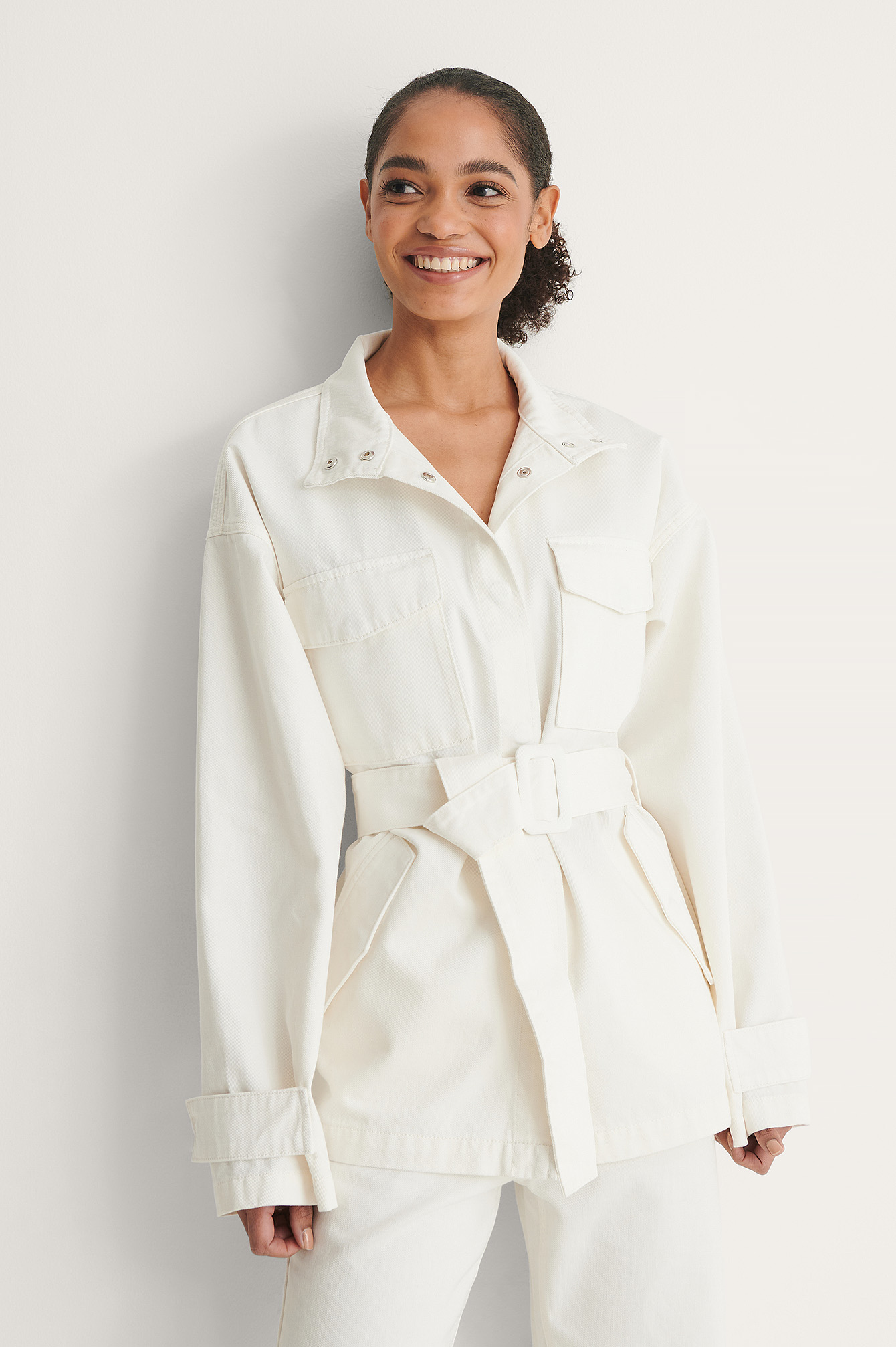 Ecru Biologique Veste En Jean Oversize Avec Ceinture