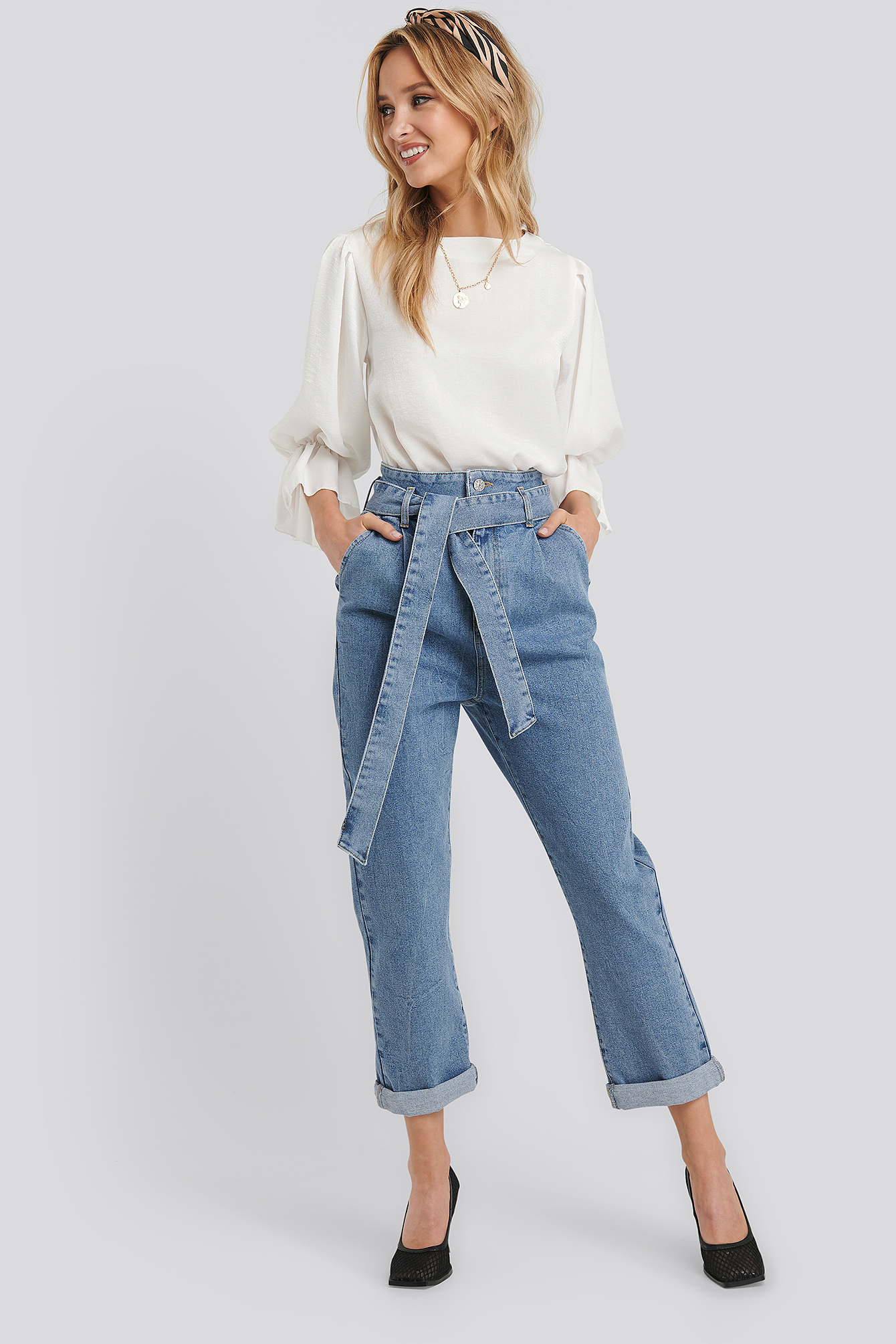 Light Blue Wash Belted Paperbag Turn Up Jeans