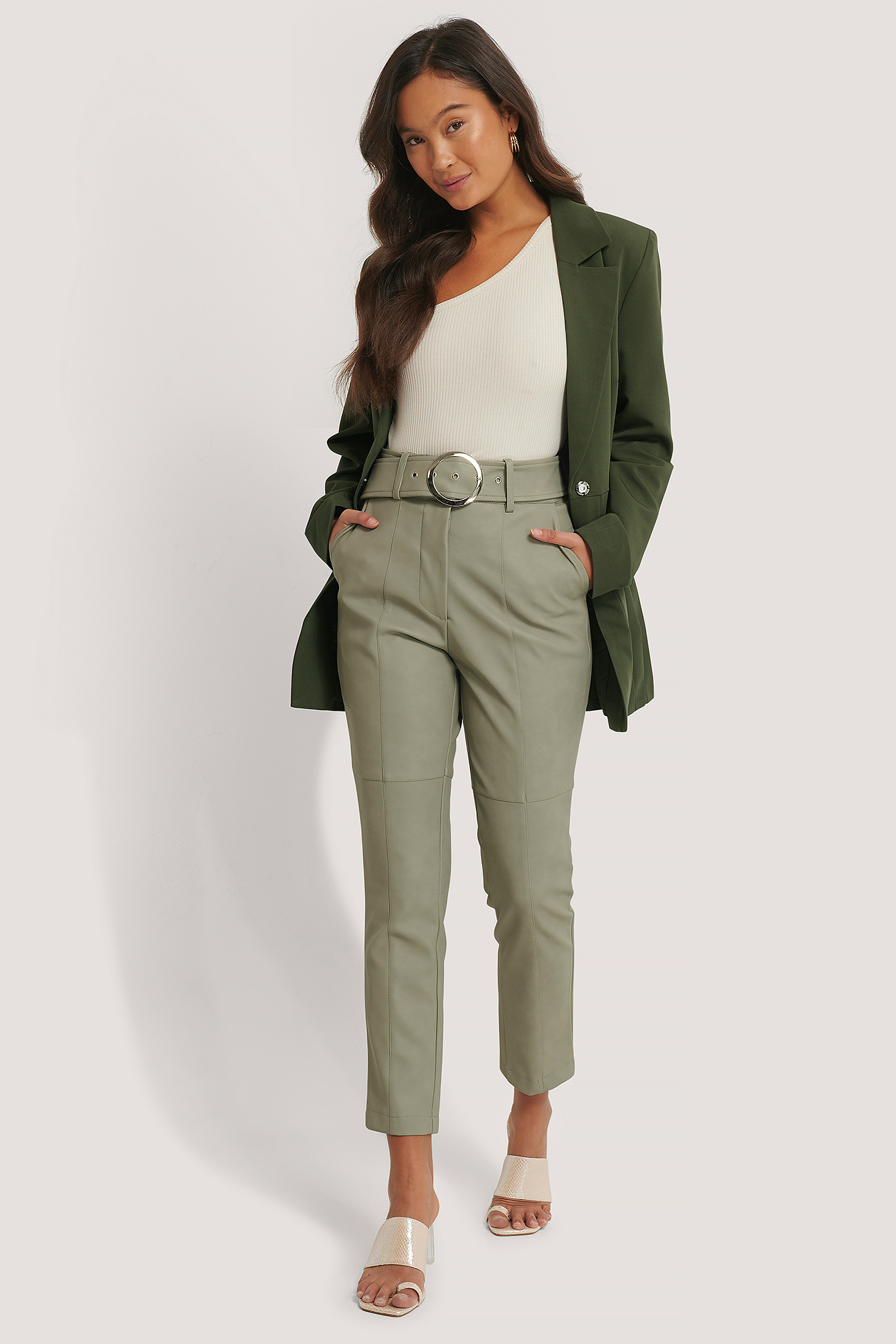 Khaki Pantalon Faux Cuir