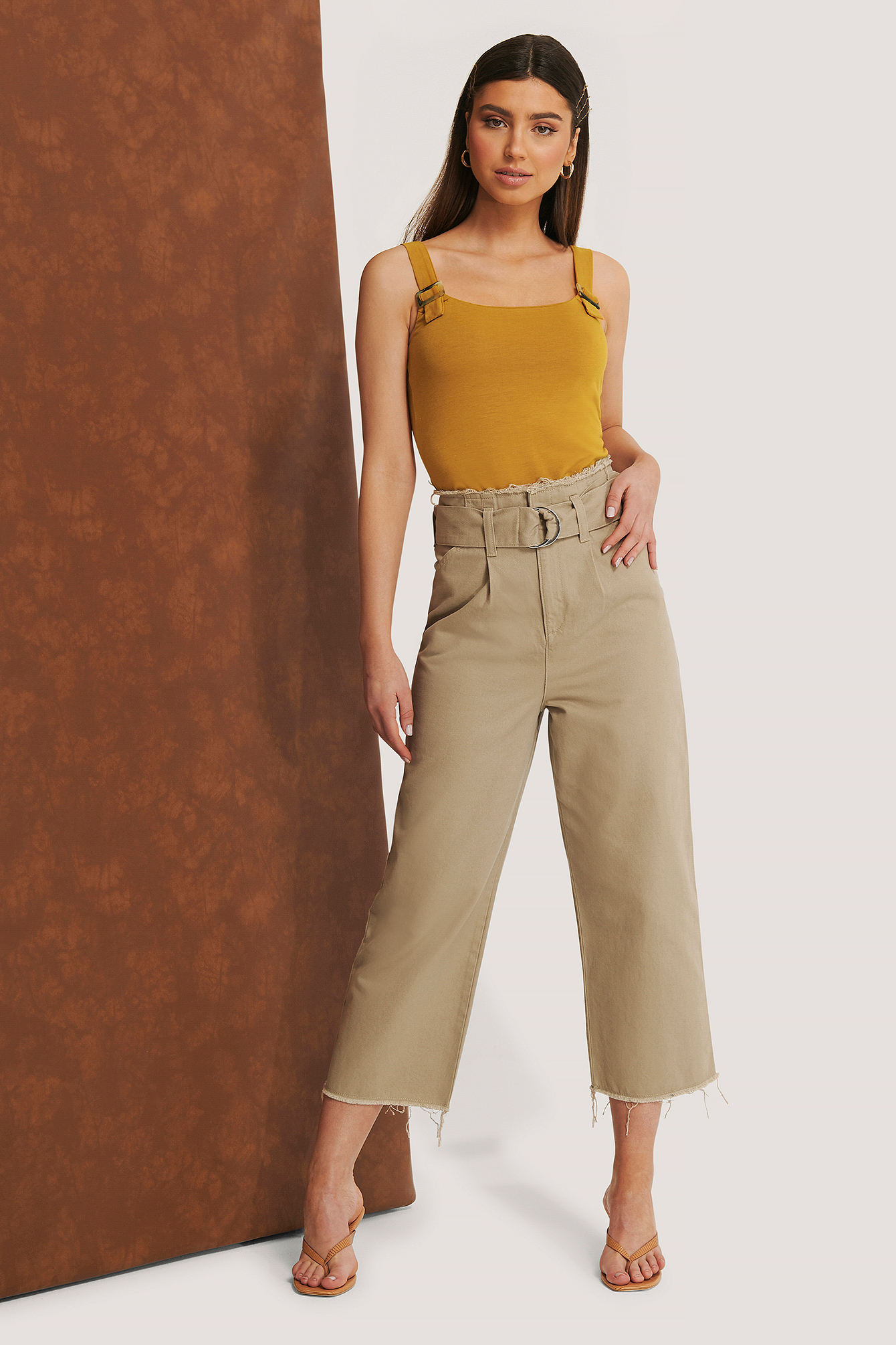 Beige Biologiques Jean À Ourlet Brut Avec Ceinture