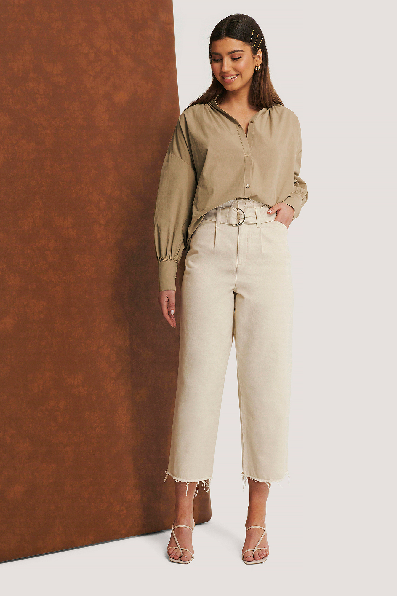 Light Beige Biologiques Jean À Ourlet Brut Avec Ceinture