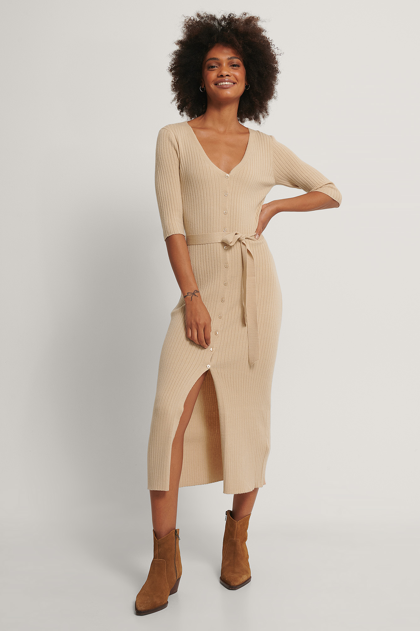 Belted Ribbed Knitted Midi Dress Beige 