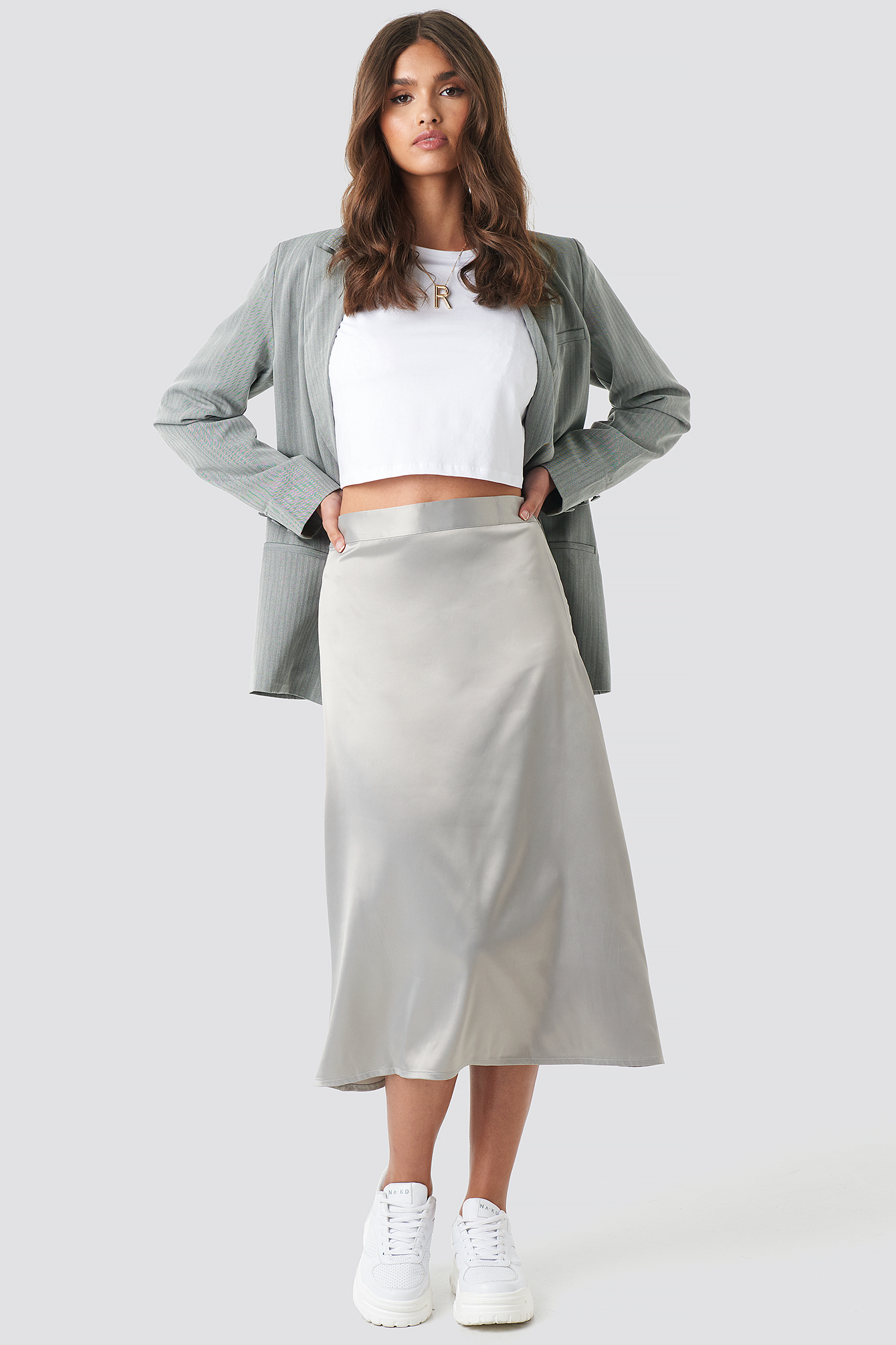 Grey Bias Cut Satin Midi Skirt