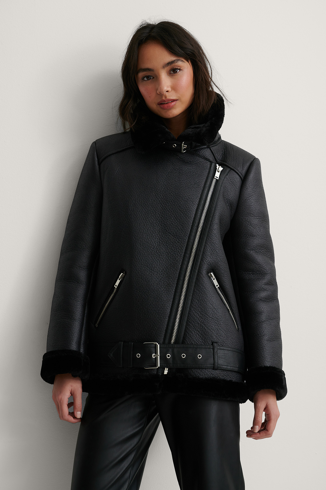 Black Veste Aviateur En Cuir Reconstitué