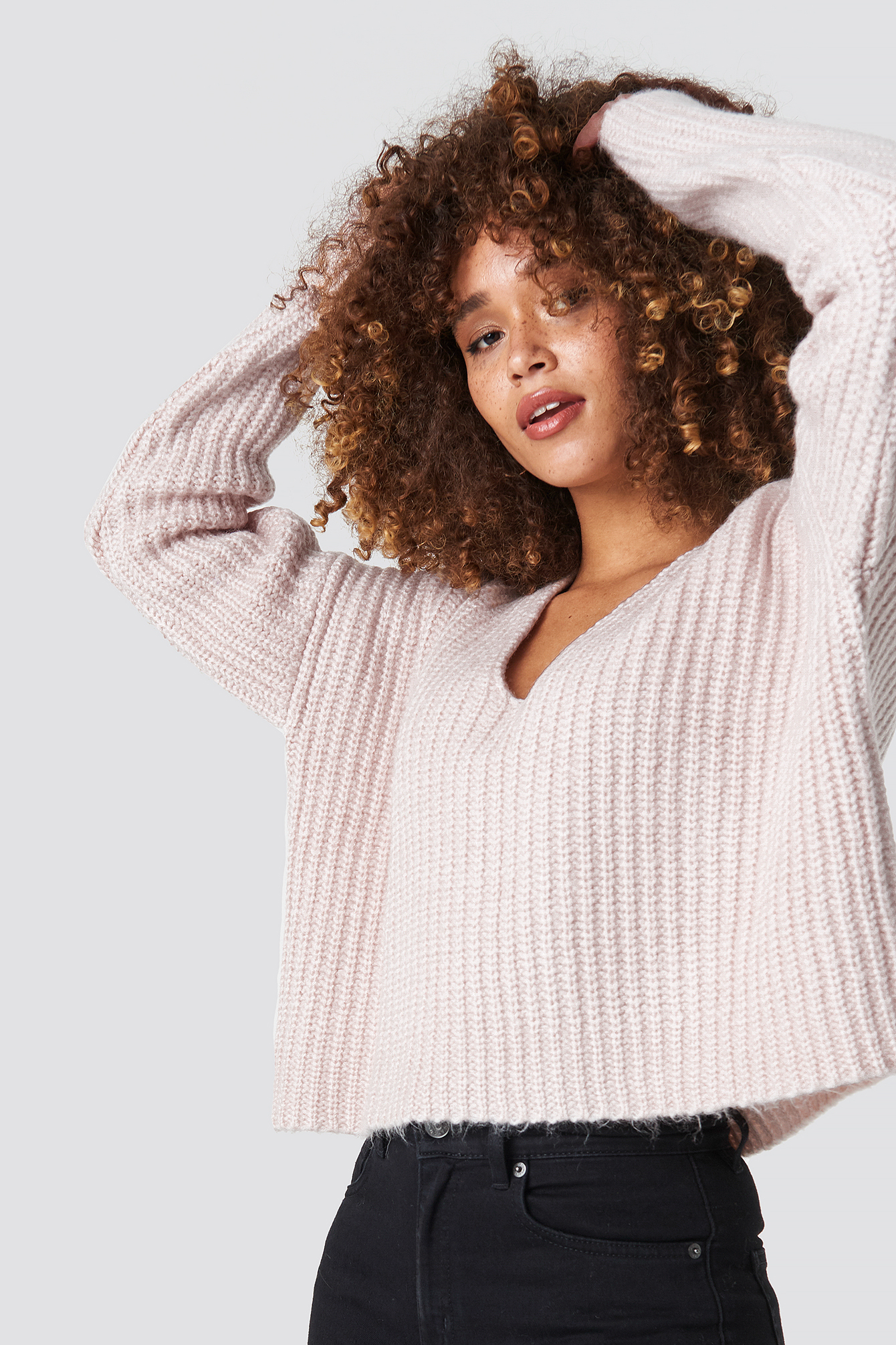 Light Pink Boxy V Neck Knitted Sweater