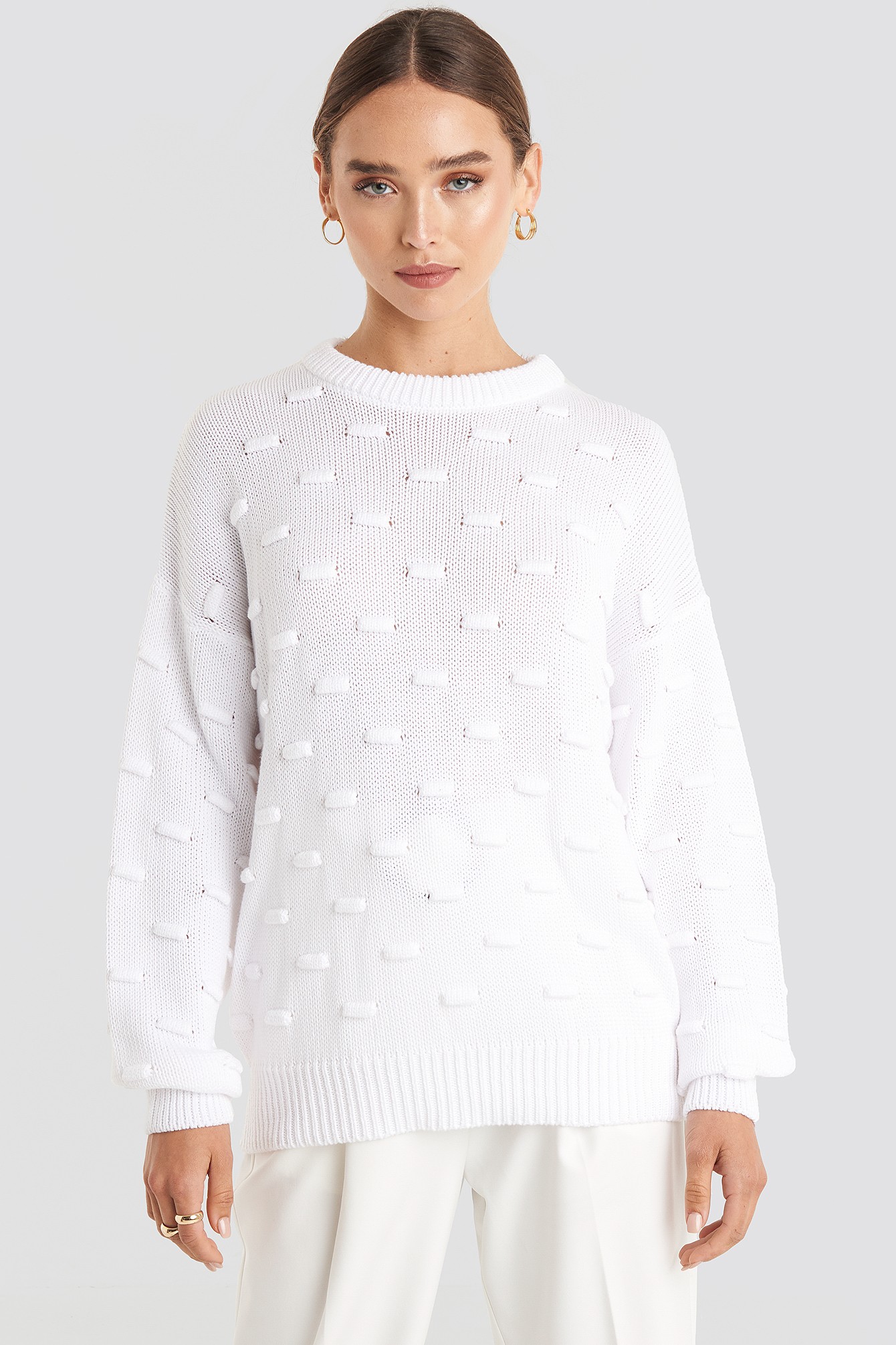 White Bubble Stitch Balloon Sleeve Knitted Sweater