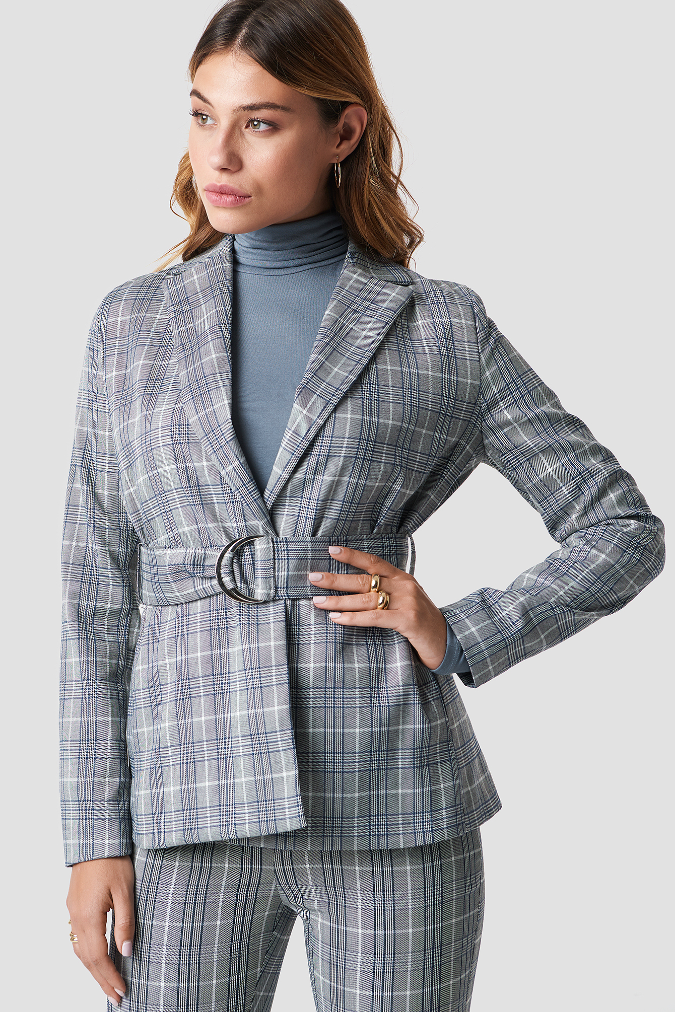 Grey Check NA-KD Classic Buckle Belted Blazer