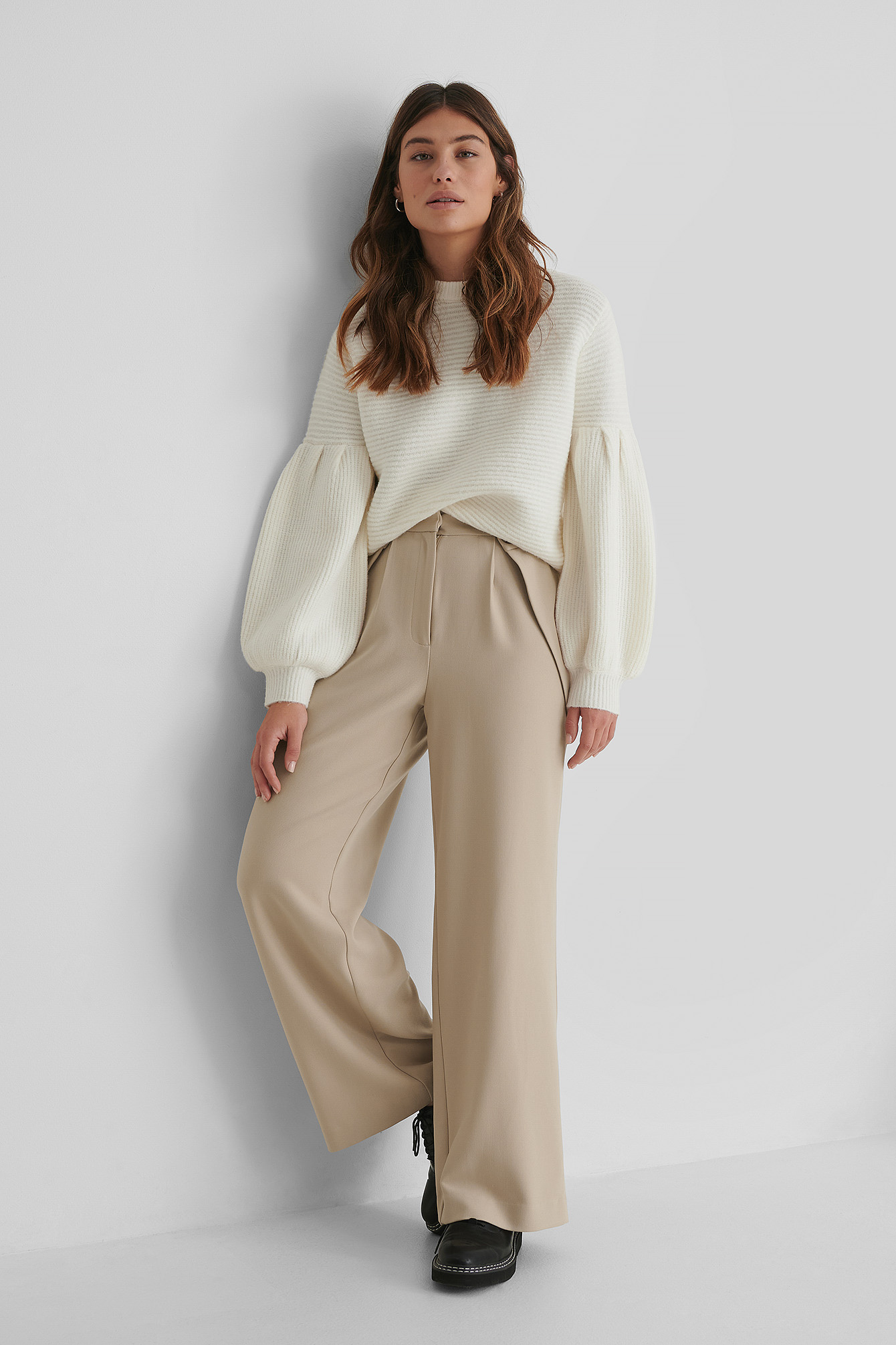 Beige Pantalon De Costume Taille Haute