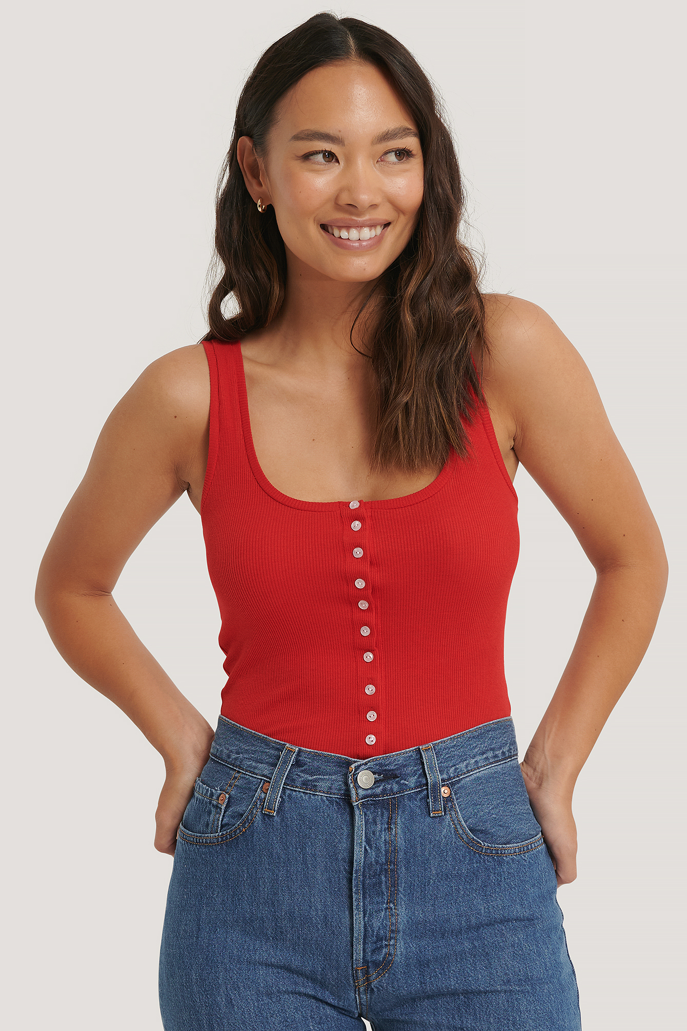 Red Button Ribbed Tank Top