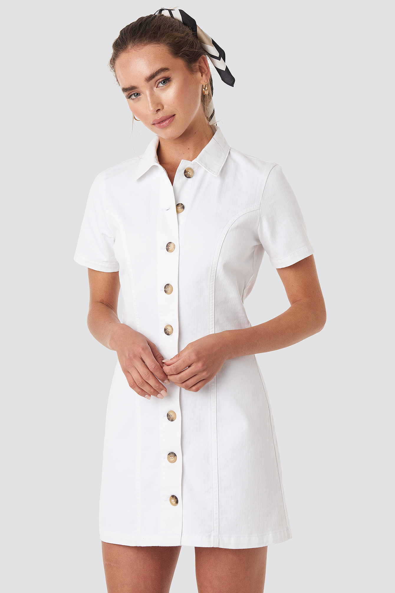 White Button Up Denim Mini Dress