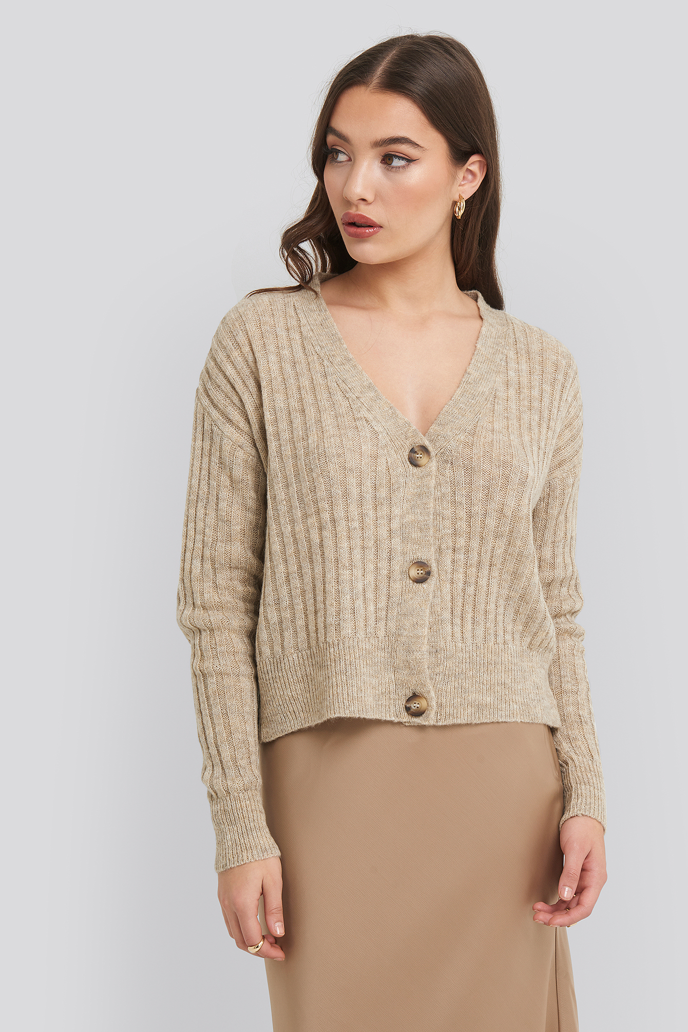 Beige NA-KD Button Up Ribbed Cropped Cardigan