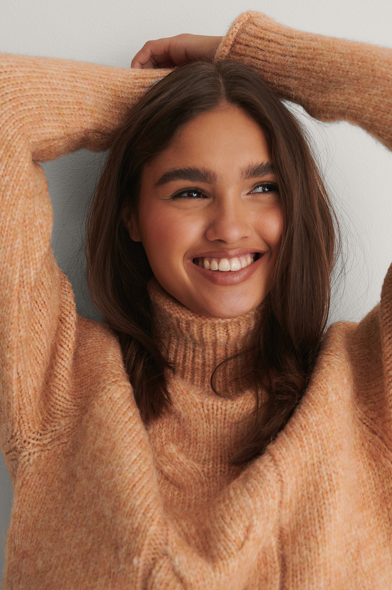 Orange Melange Pull En Maille Torsadée À Col Montant