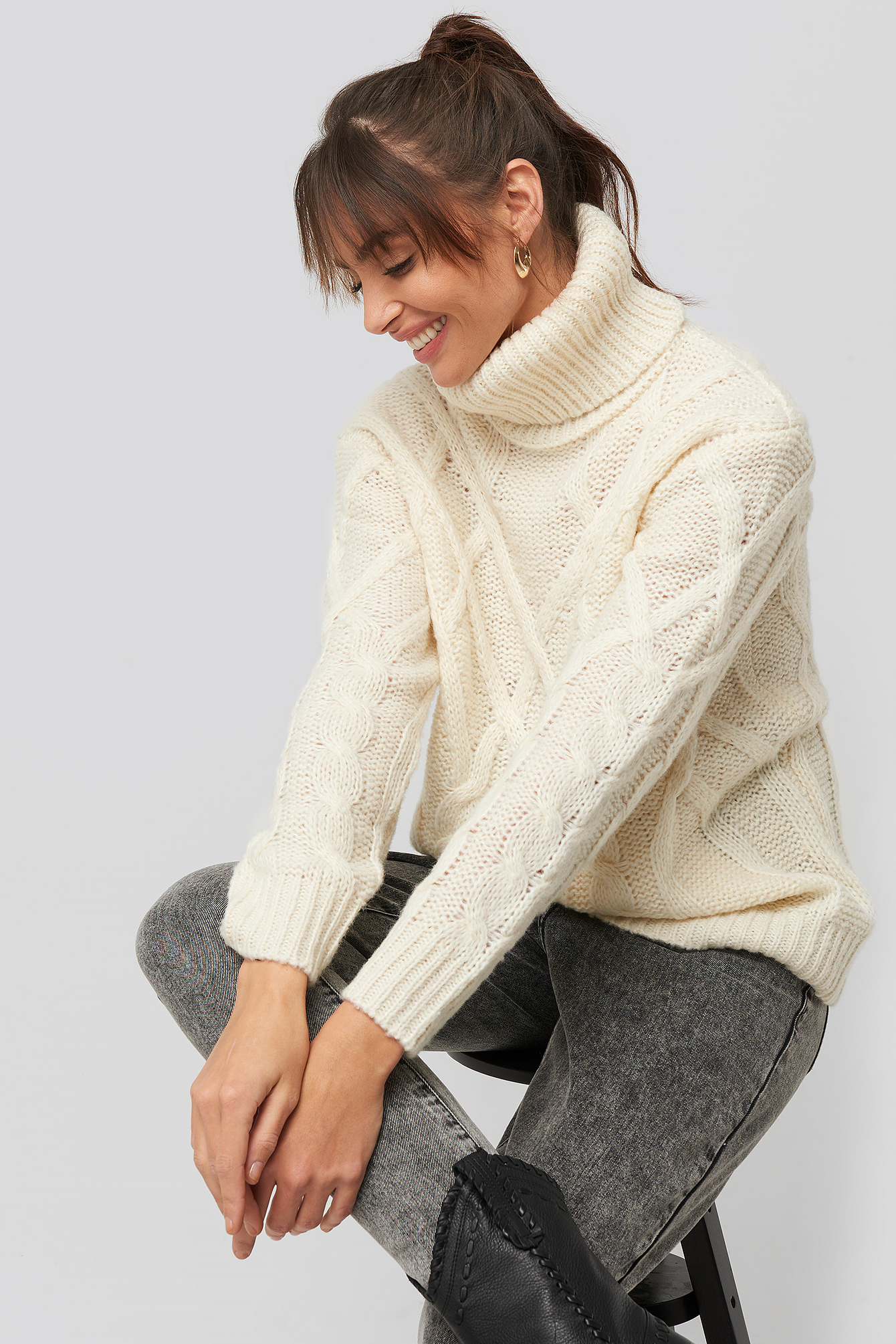 Offwhite Cable Knitted High Neck Sweater