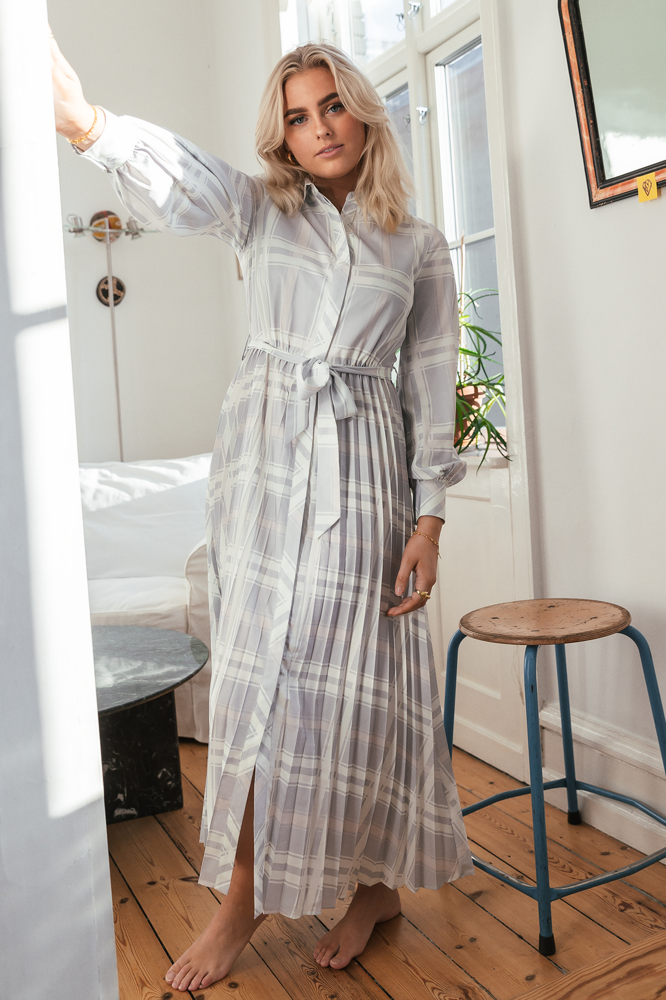 Checked Robe Midi À Plis