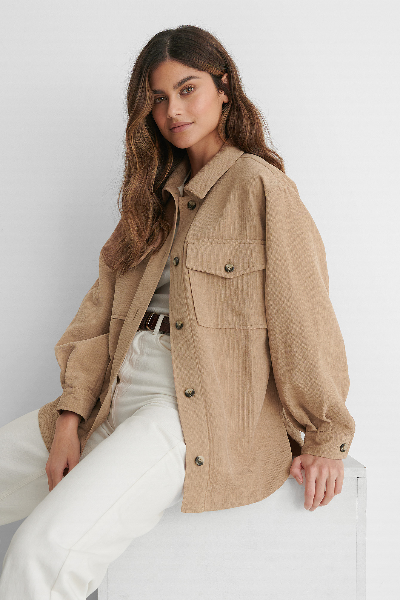 Beige Chest Pocket Corduroy Overshirt