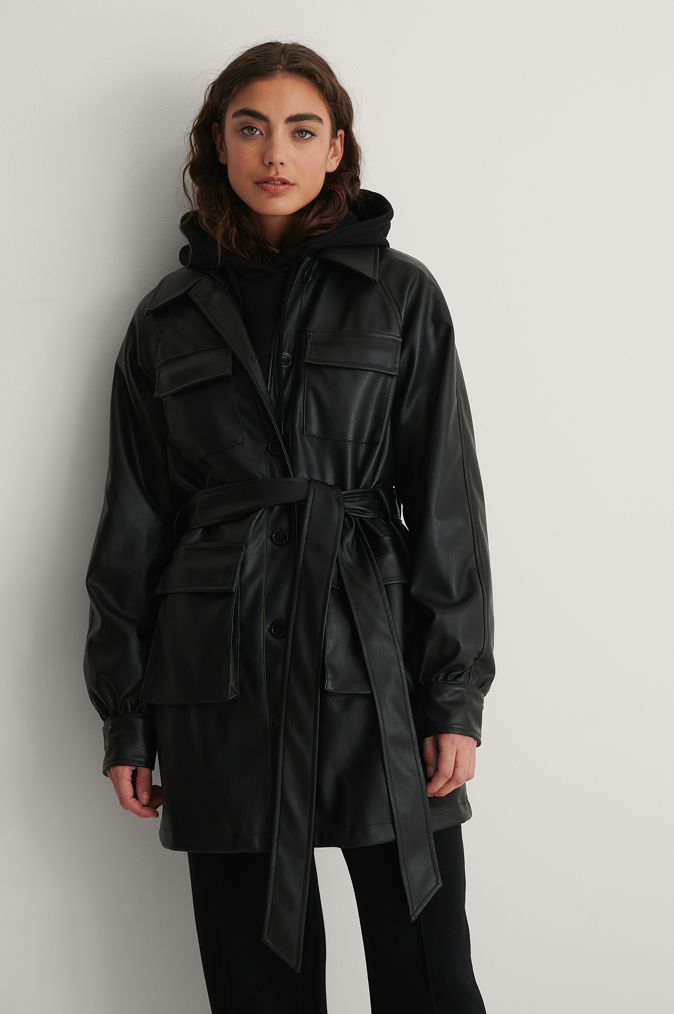 Black Veste En Faux Cuir À Poches Poitrine