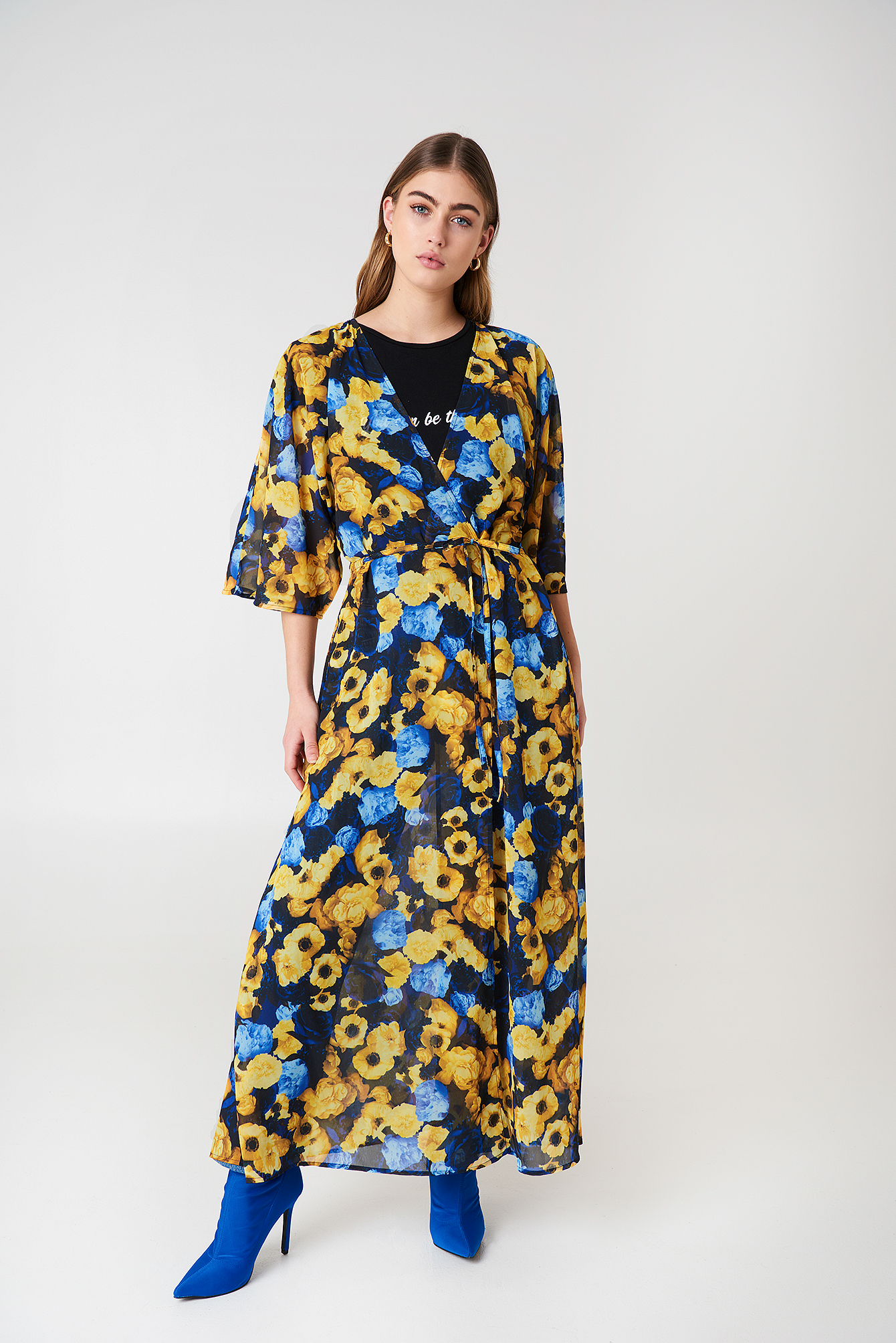 Blue Yellow Print Chiffon Coat Dress