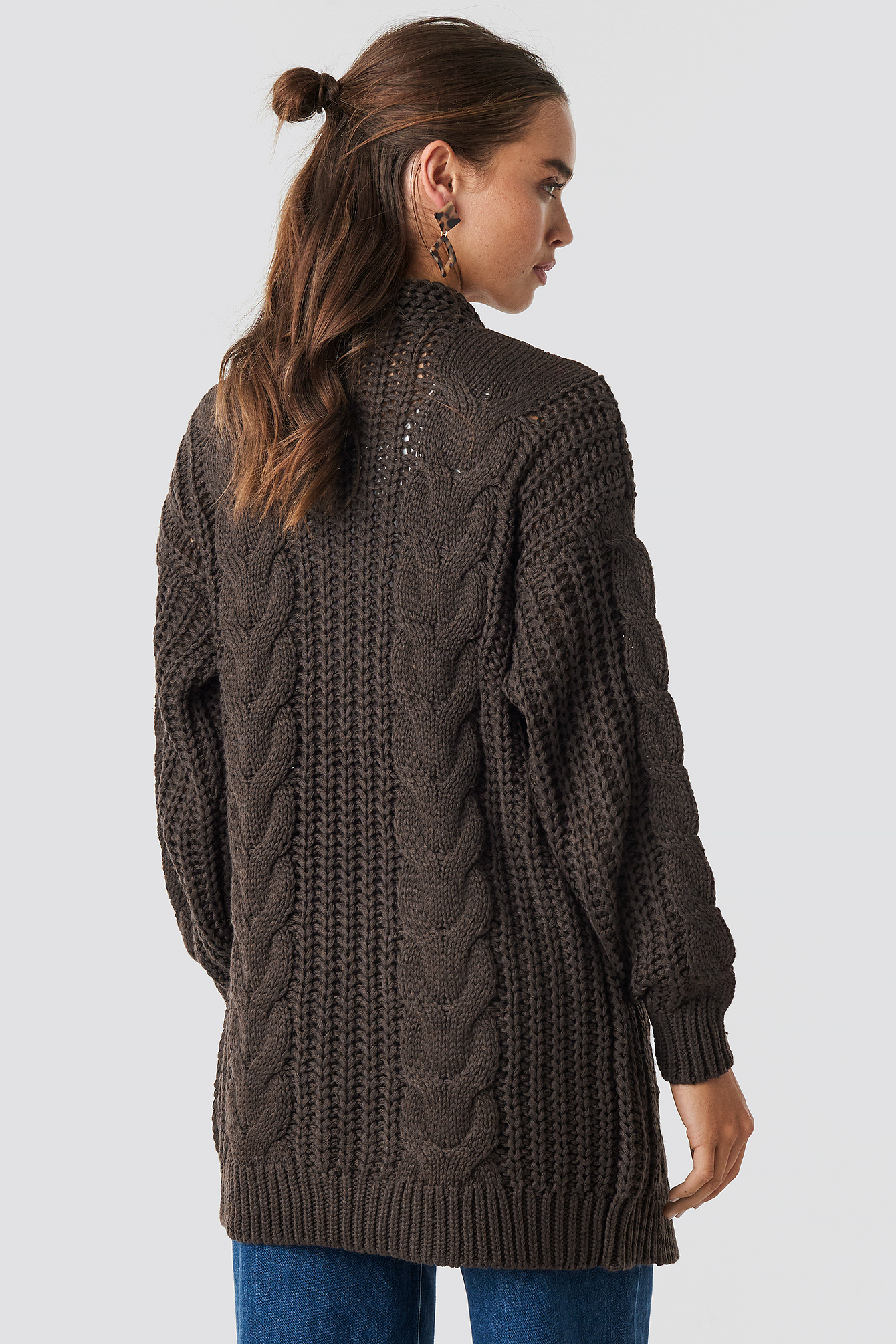 Chunky Cable Knit Long Cardigan Marron nakd.fr
