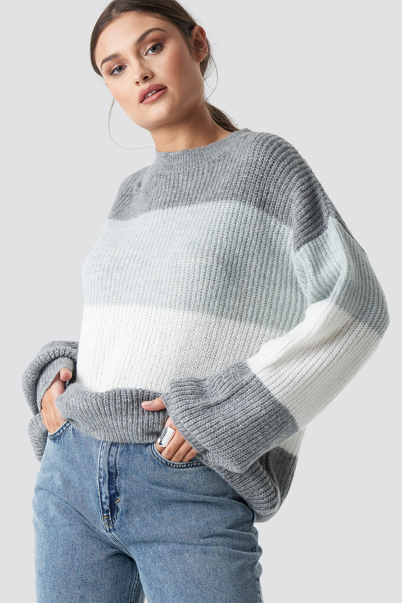 Grey Color Striped Balloon Sleeve Knitted Sweater