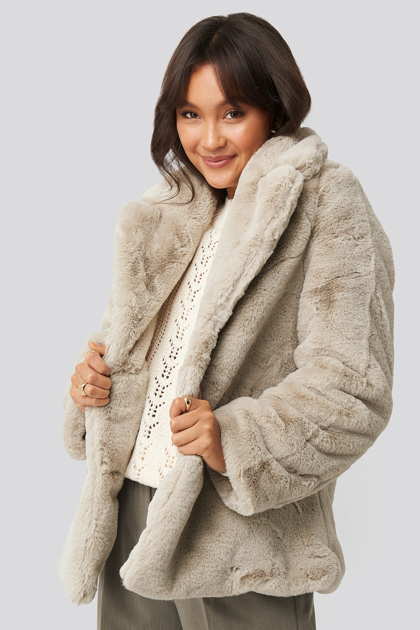 Light Beige Colored Faux Fur Short Coat