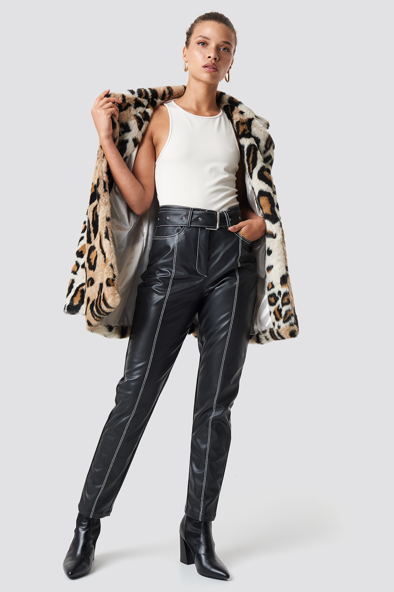 Black Contrast Seam Belted PU Pants