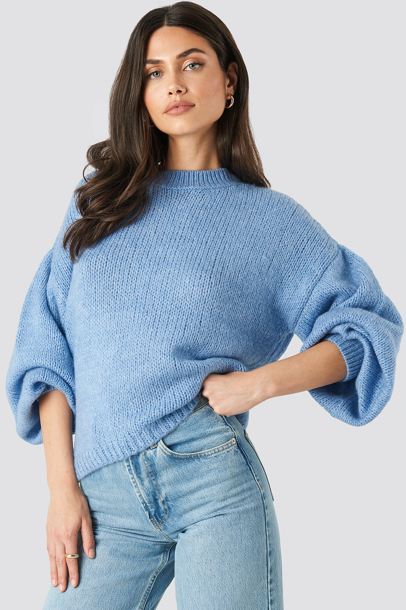 Blue Crew Neck Volume Sleeve Knitted Sweater