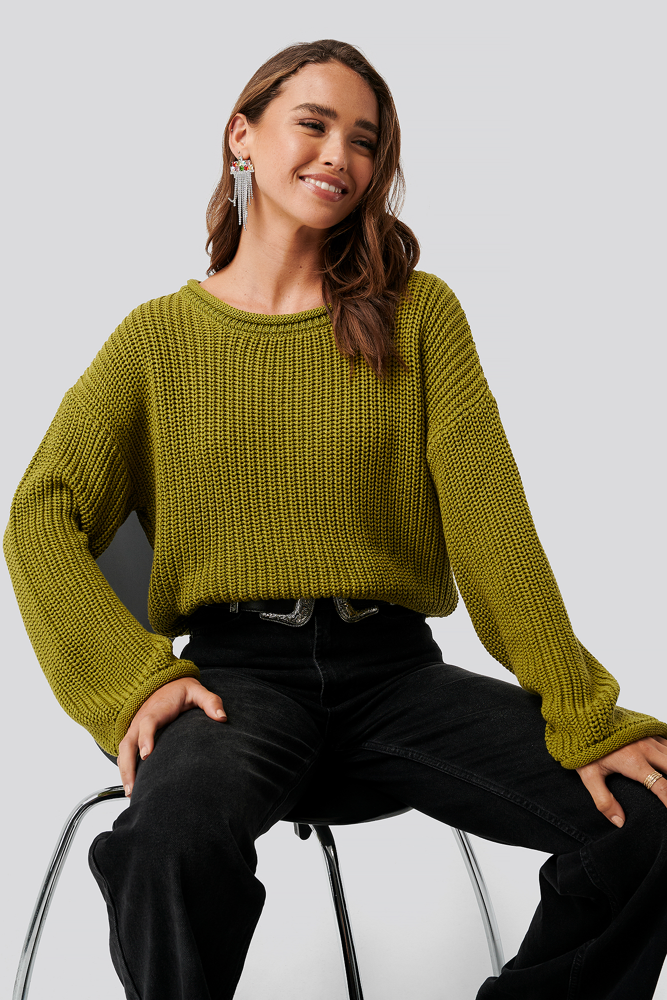 Olive Green Cropped Boat Neck Knitted Sweater