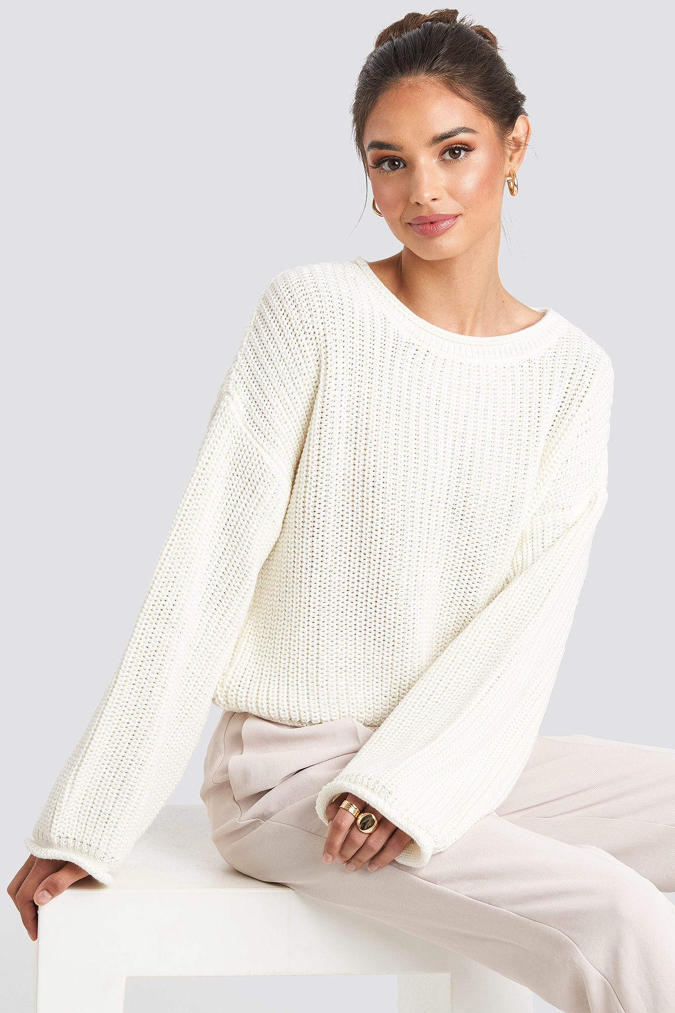 Offwhite Cropped Boat Neck Knitted Sweater