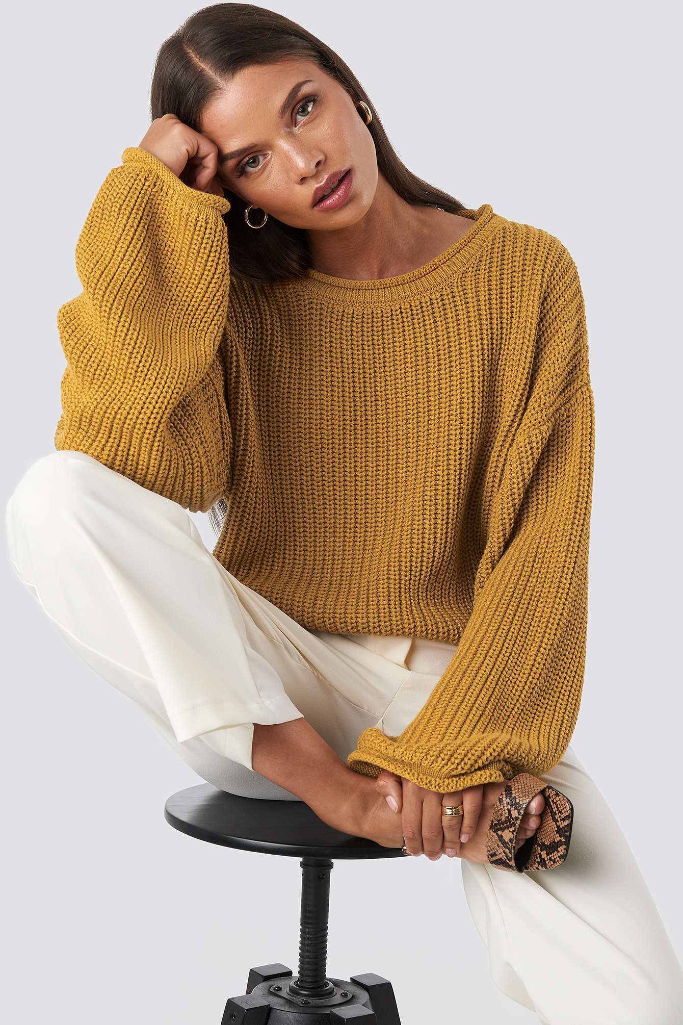Mustard Cropped Boat Neck Knitted Sweater