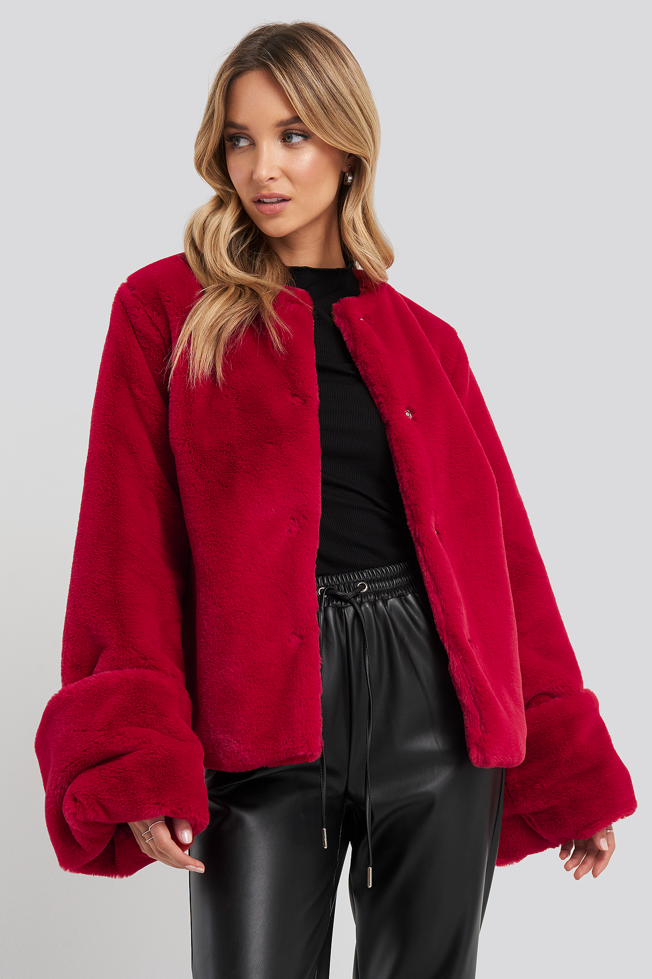 Dark Red Cropped Faux Fur Jacket