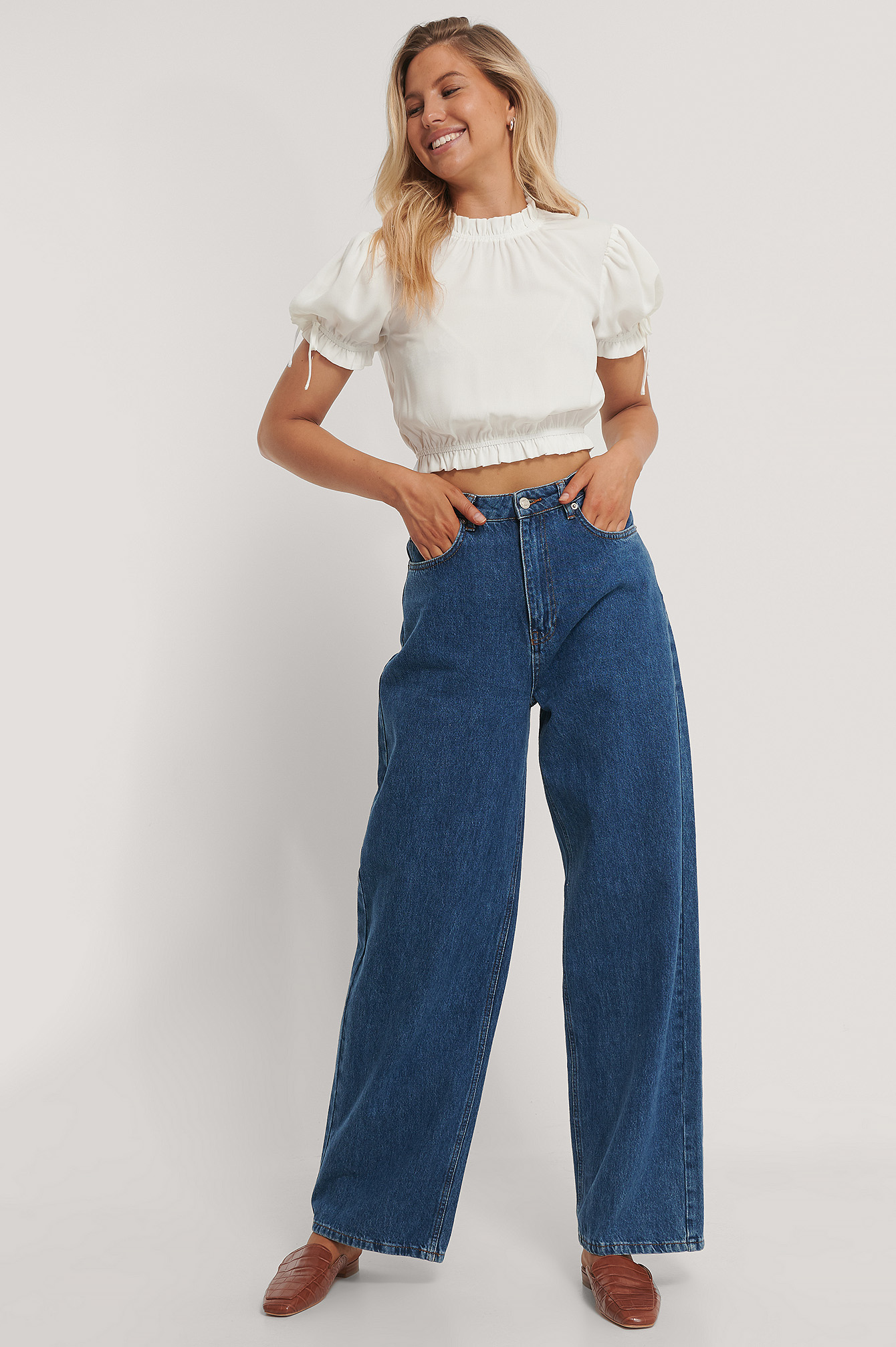 White Cropped Frill Neck Top
