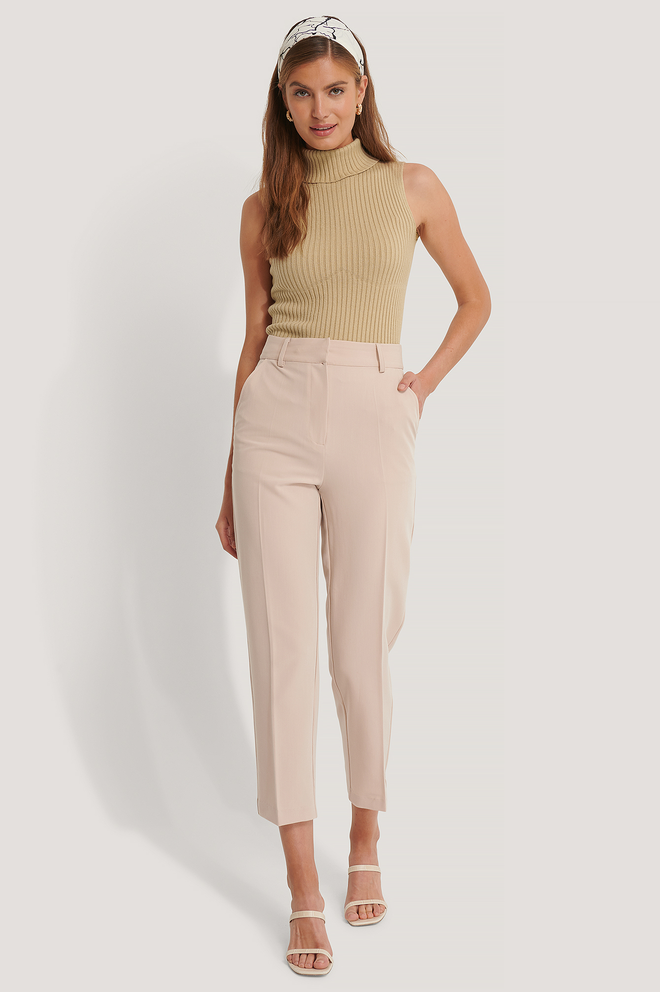 Beige Pantalon De Costume Court Taille Haute