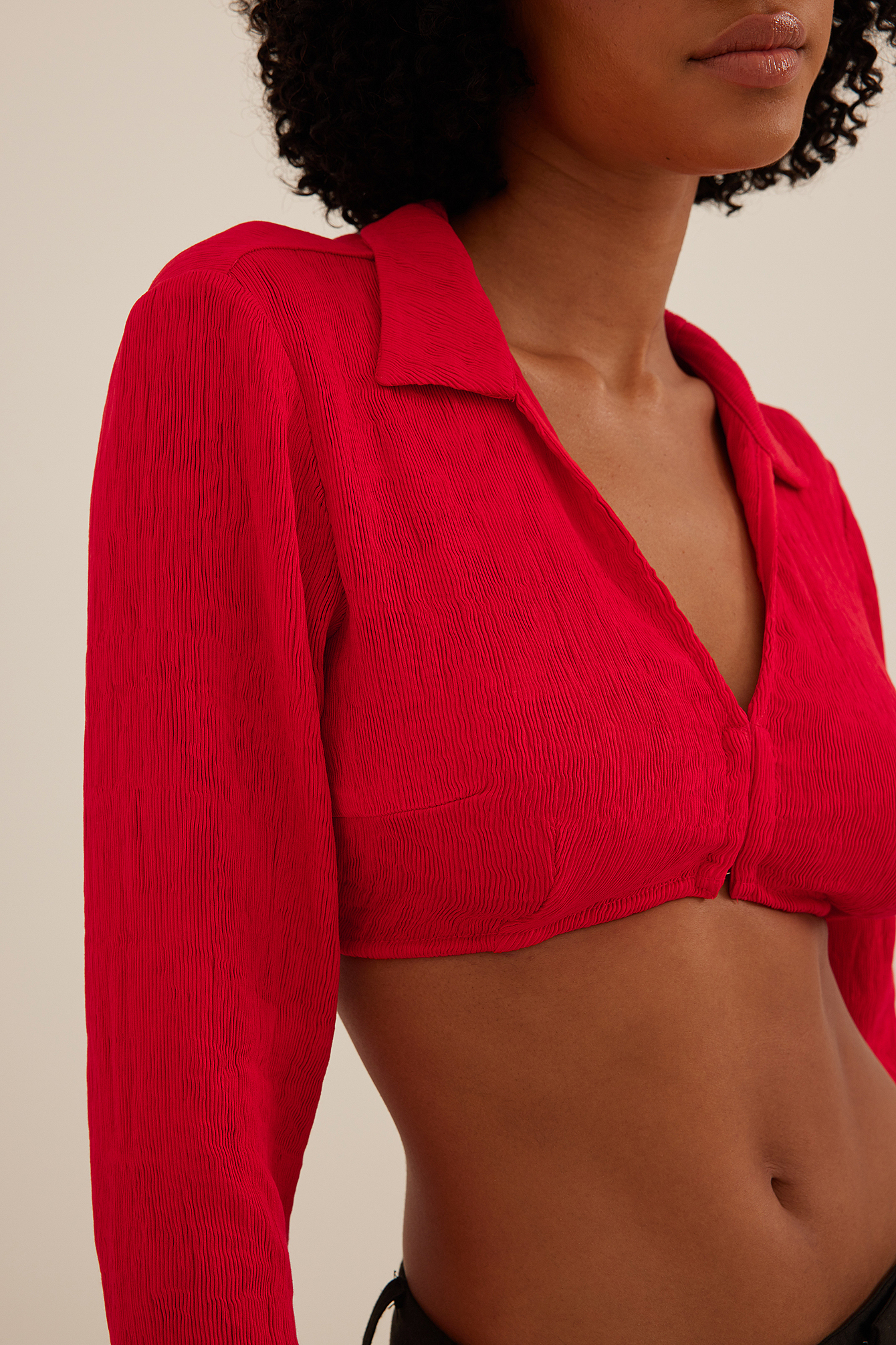 Red Cropped Long Sleeve Blouse