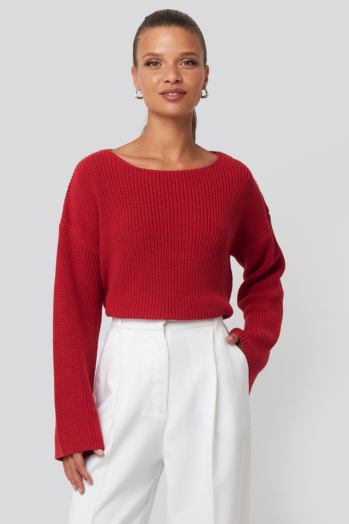 Poppy Red Cropped Long Sleeve Knitted Sweater