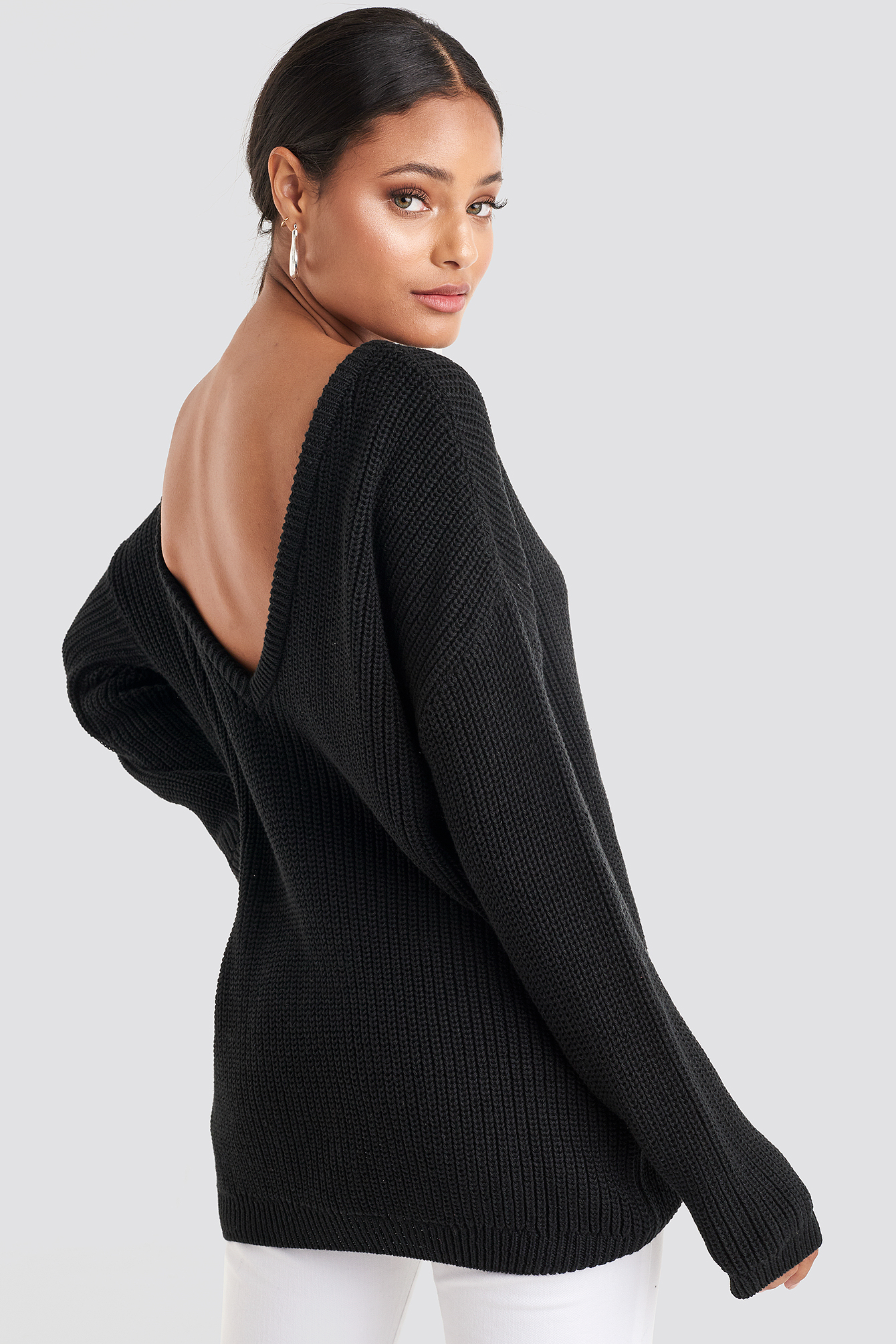 Black Knitted Deep V-neck Sweater