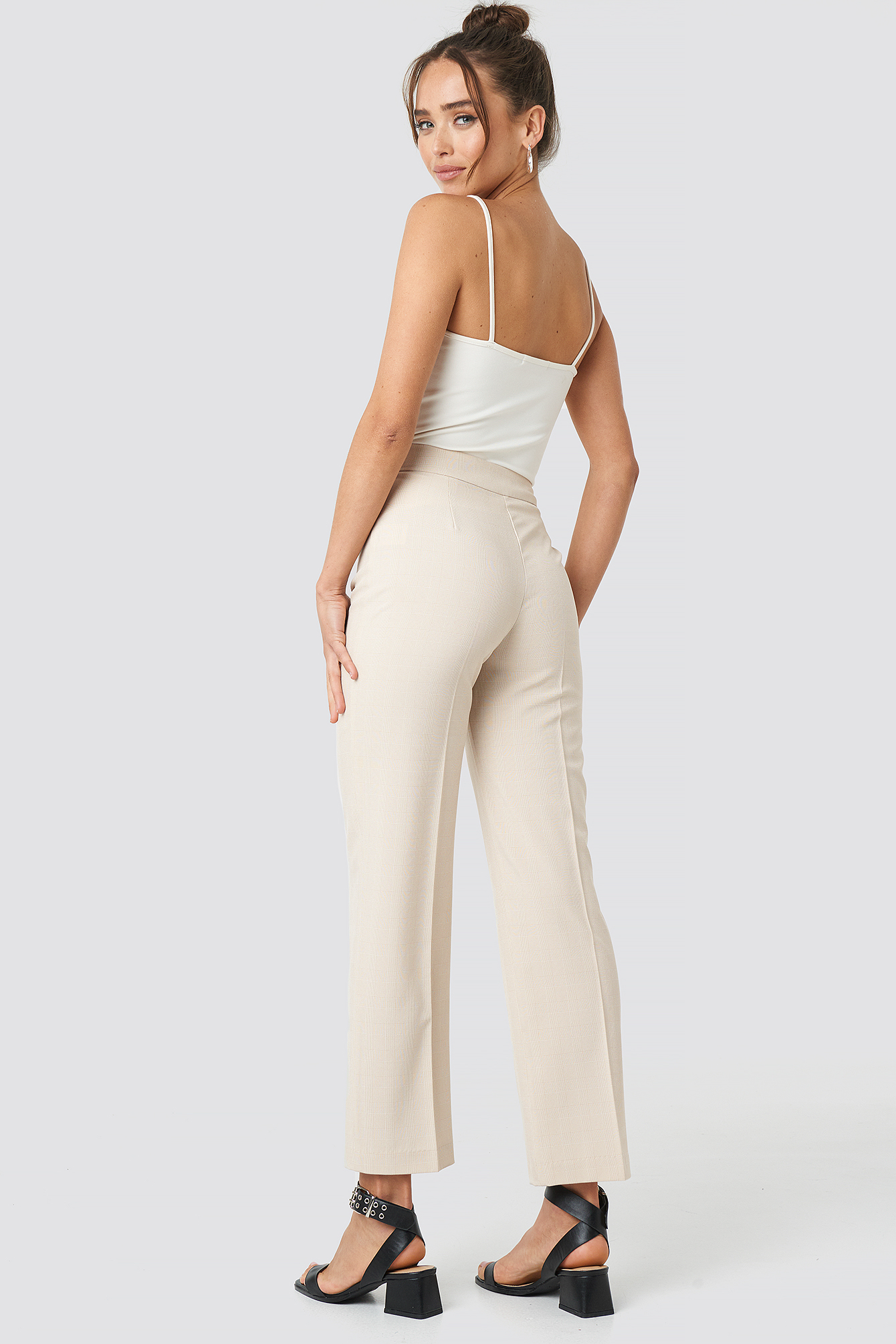 Cream Cropped Straight Suit Check Pants