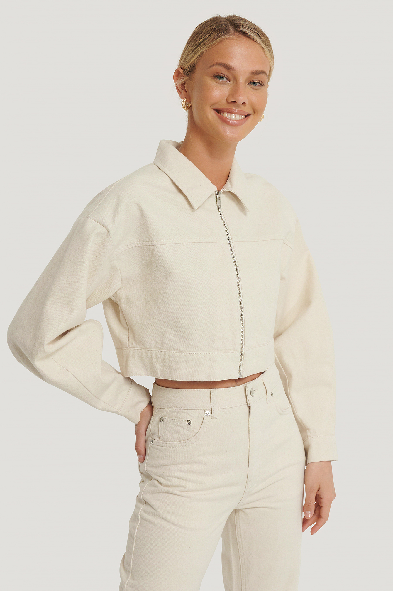 Ecru Biologique Veste En Jean Courte Zippée