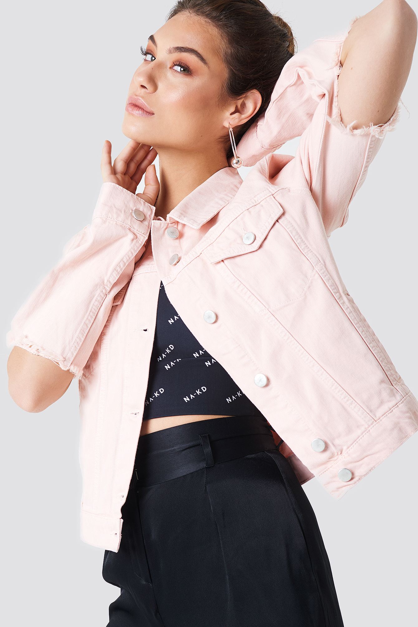 Light Pink NA-KD Cut Out Sleeve Denim Jacket