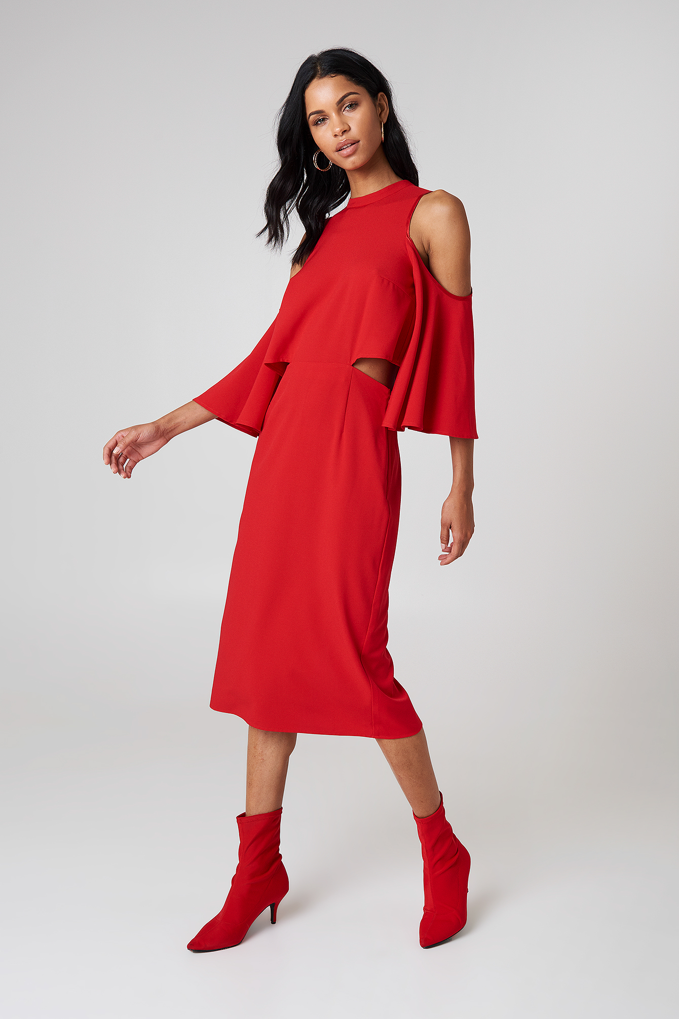 Red Cut Out Tied Neck Dress