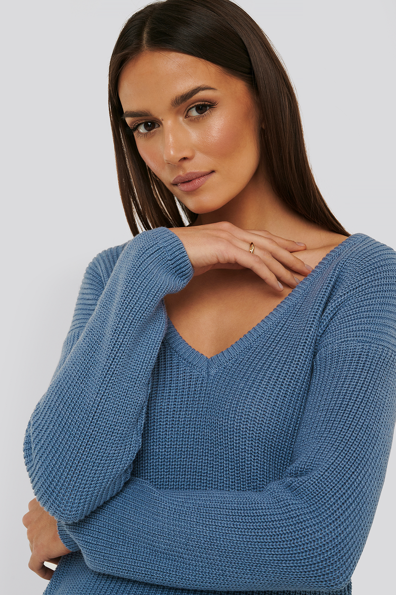 Stone Blue NA-KD Deep Front V-neck Knitted Sweater