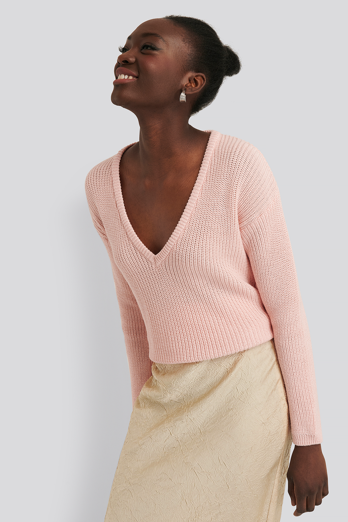 Light Pink NA-KD Deep Front V-neck Knitted Sweater