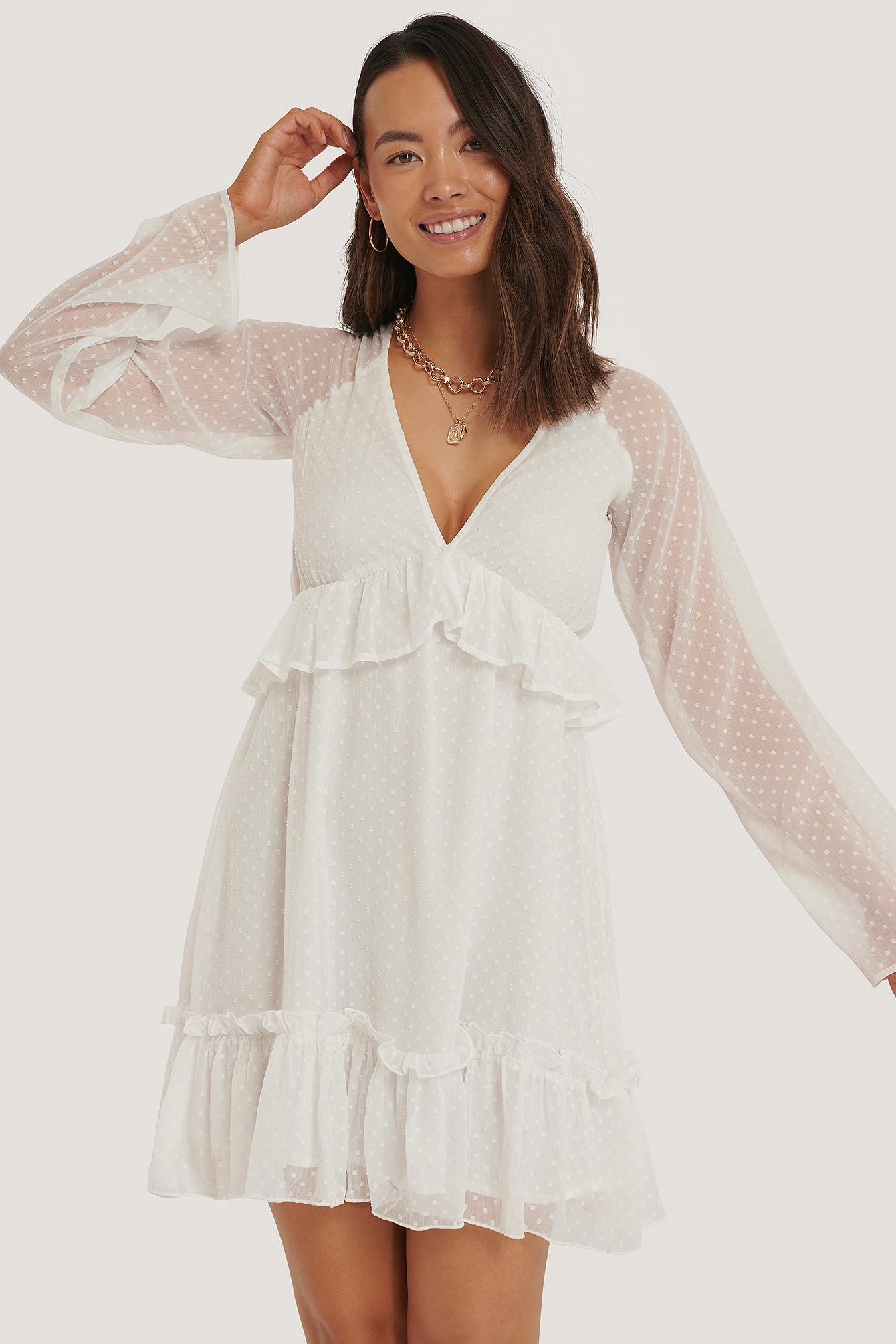 White Robe Dobby À Col En V Profond