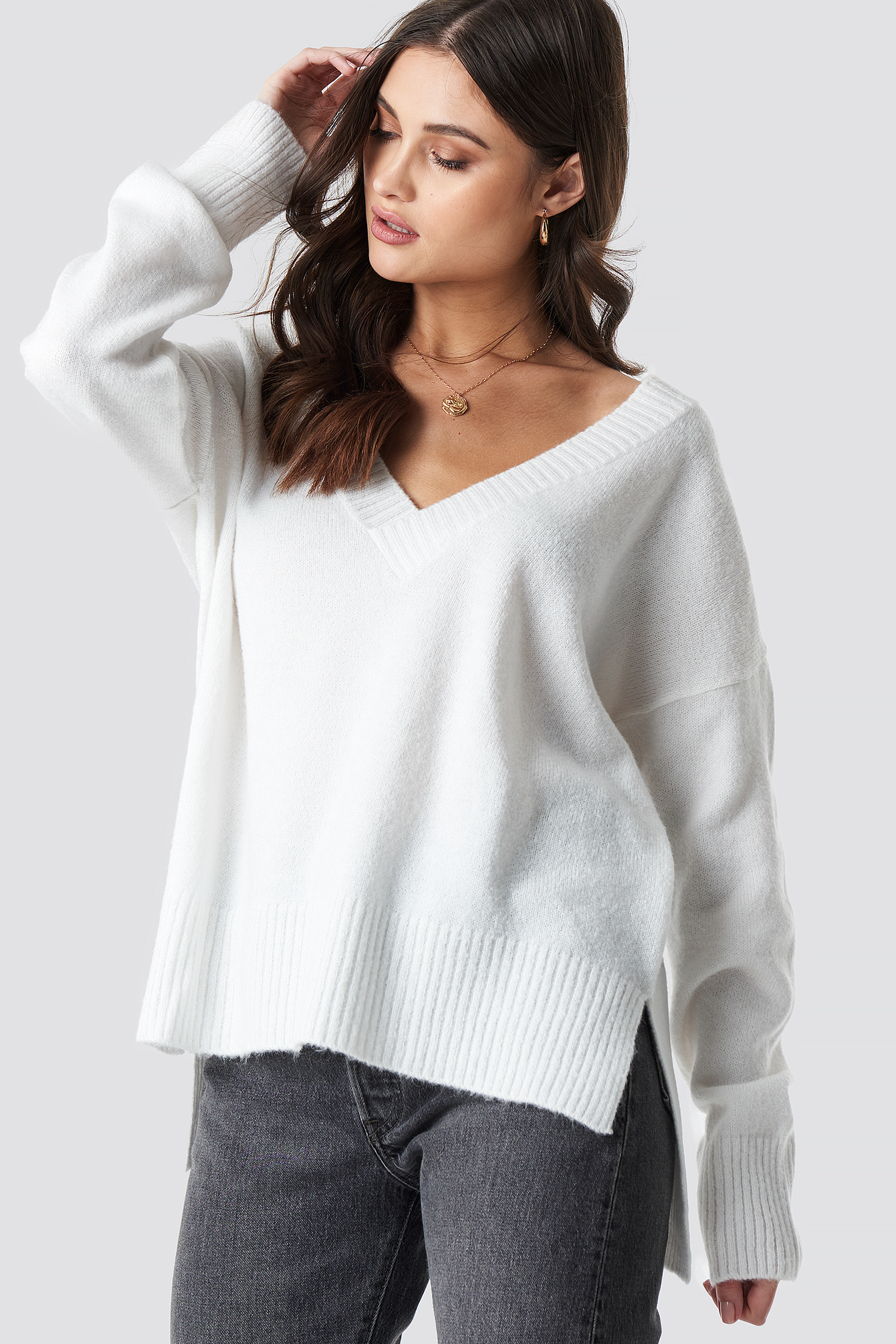 White NA-KD Deep V-neck Oversized Sweater