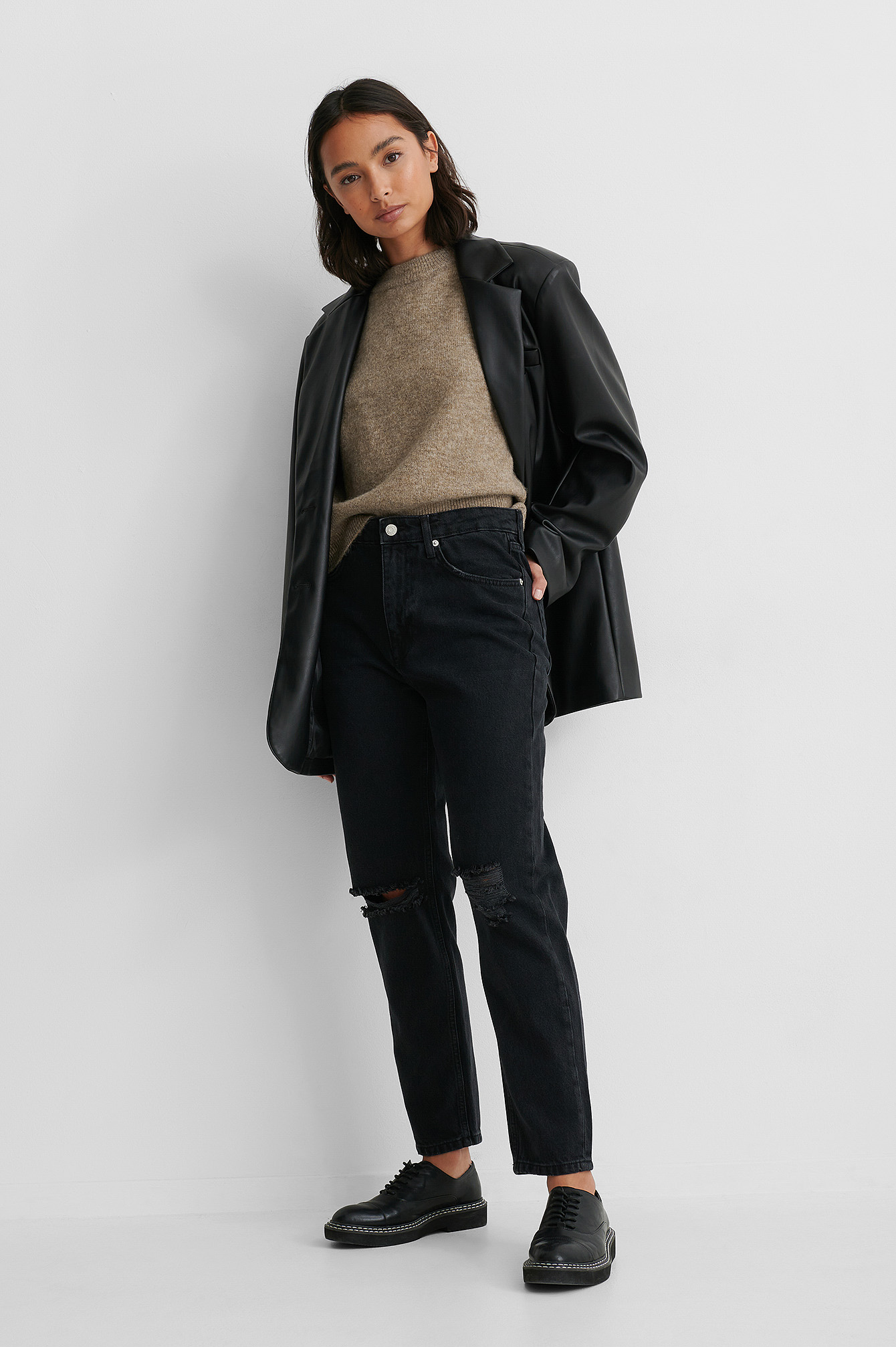 Washed Black Biologique Jean Mom Déchiré